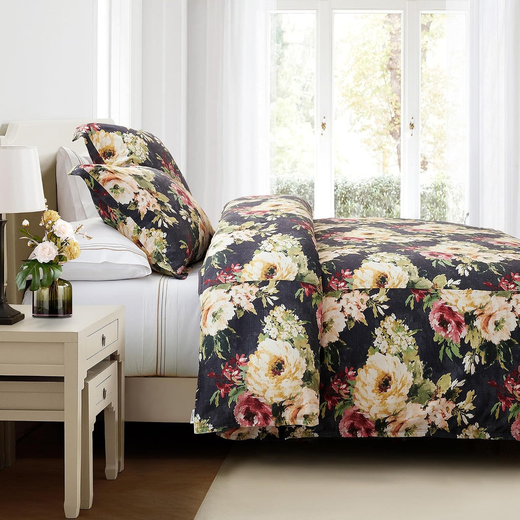 HiEnd Accents Floral Bedding Peony Washed Linen 3 Piece Queen Size Comforter Set, Charcoal Gray Flower Botanical Rose Print, Romantic Classic Chic Casual Bed Set, Floral Comforter with Pillow Shams