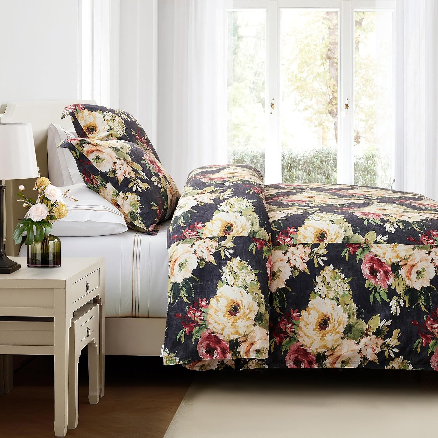 HiEnd Accents Floral Bedding Peony Washed Linen 3 Piece Queen Size Comforter Set, Charcoal Gray Flower Botanical Rose Print, Romantic Classic Chic Casual Bed Set, Floral Comforter with Pillow Shams