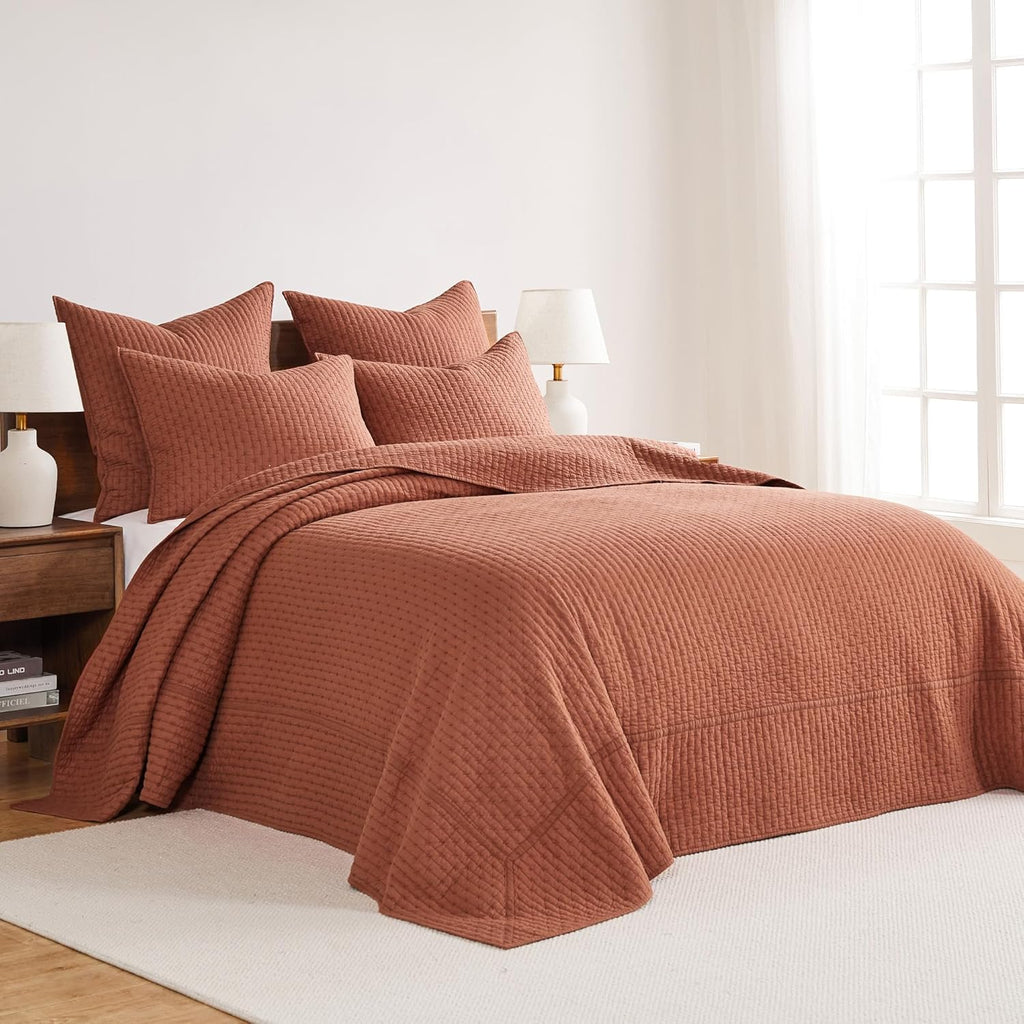 Levtex Home Cross Stitch Reversible Twin Bedspread Set (84x104in) with 1 Pillow Sham (26x20in) - Stitch Texture - Adobe - Cotton Twin Size Bedspread Set - Lightweight, Soft, Pre-Washed
