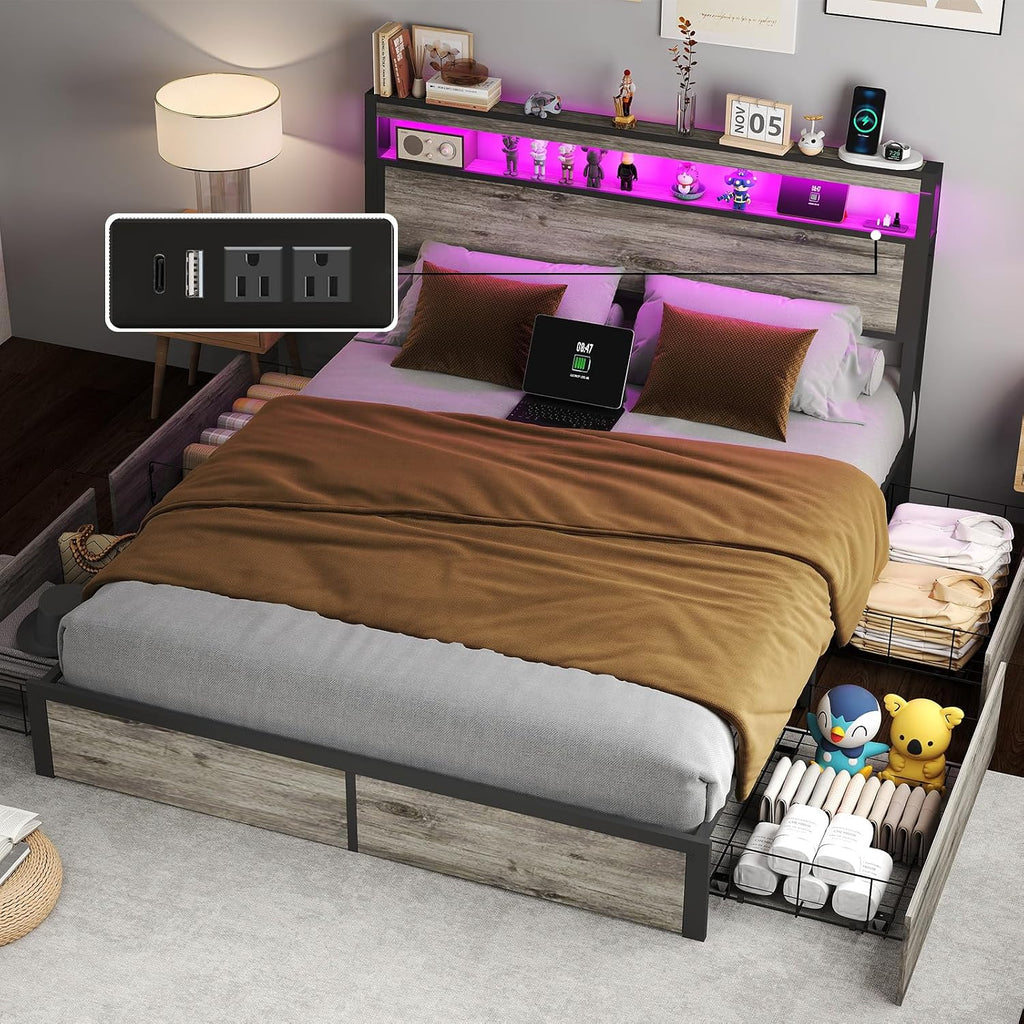 Fabulis Queen Size Bed Frame with 4 Storage Drawers and Headboard with Charging Station and LED Lights,2 Tier Solid Wood Headboard Storage/Noise Free/No Box Spring Needed/Remote Control/Rustic Grey