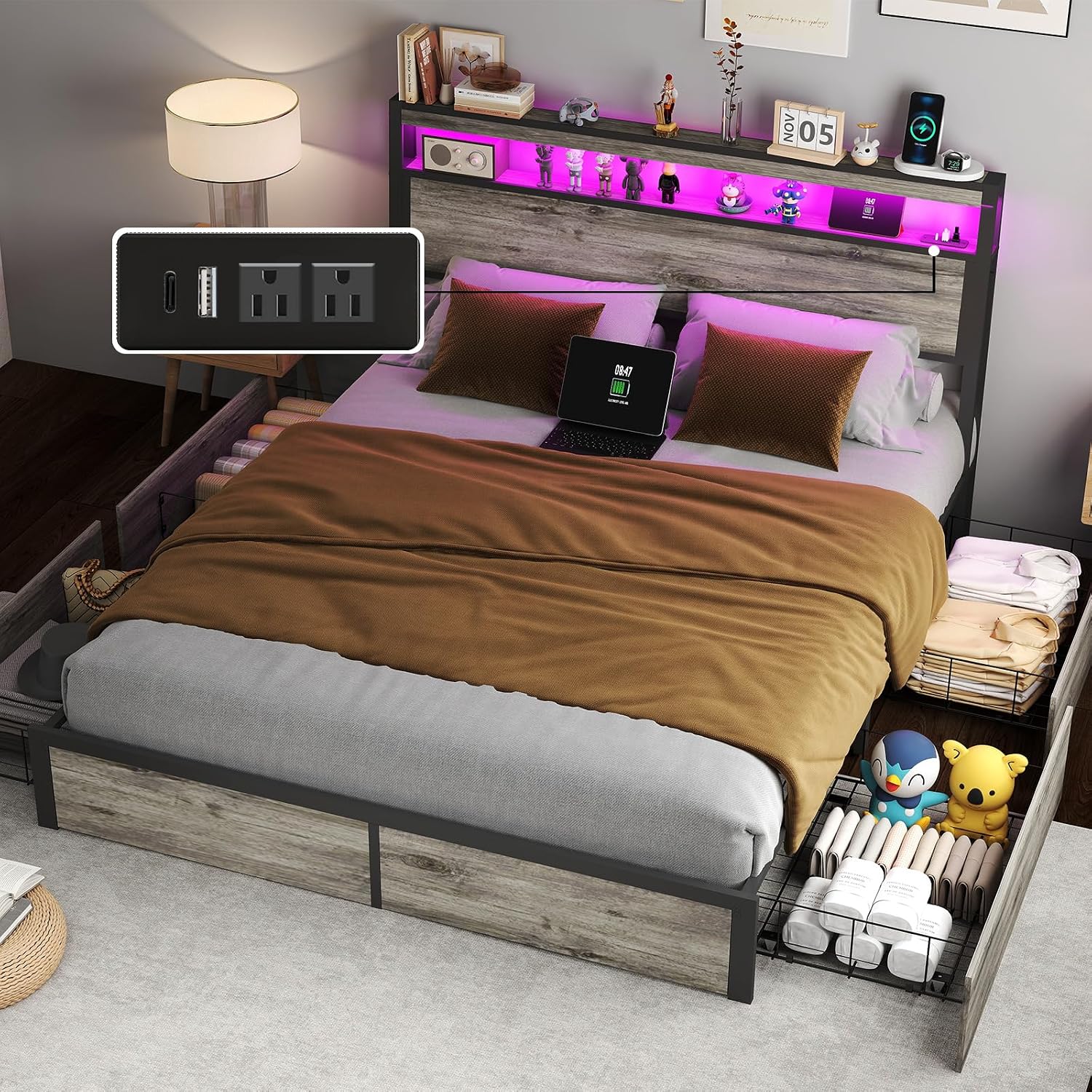 Fabulis Queen Size Bed Frame with 4 Storage Drawers and Headboard with Charging Station and LED Lights,2 Tier Solid Wood Headboard Storage/Noise Free/No Box Spring Needed/Remote Control/Rustic Grey