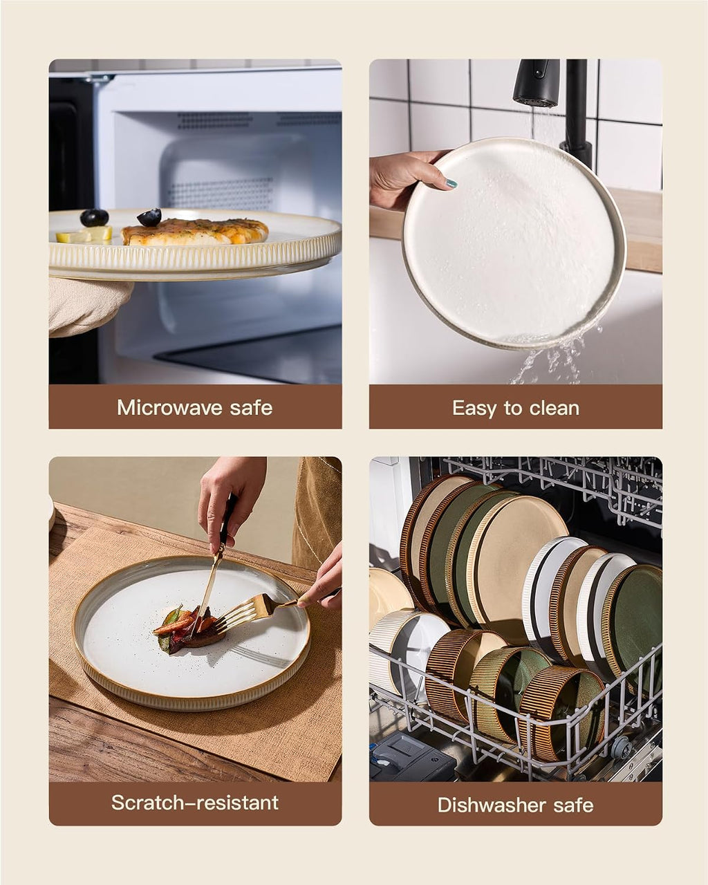 Stoneware Plates and Bowls Dishes Sets for 6 (18-Piece), Famiware Premium Handcrafted Reactive Glaze Dinnerware Set with Raised Rim, Scratch Resistant, Microwave Dishwasher Safe, Cappuccino White
