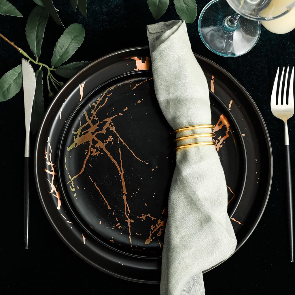 Stone Lain Porcelain 16-Piece Dinnerware Set – Black with Gold Splash, Service for 4 – Elegant Dinner Plates, Salad Plates, Bowls & Mugs – Modern Round Tableware, Dishwasher Safe