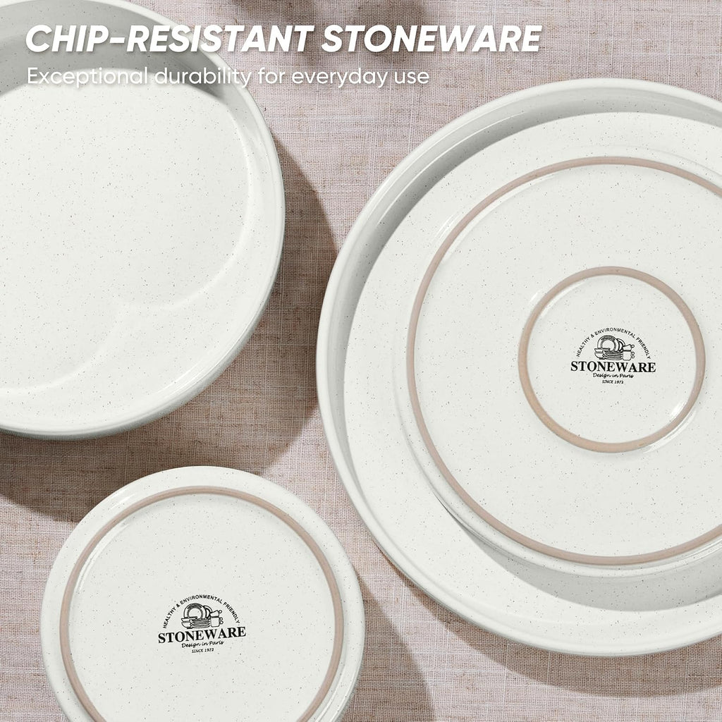 E-far Dinnerware Sets with Pasta Bowls, 24-Piece Stoneware Plates and Bowls Sets for 6 | Microwave & Dishwasher Safe Kitchen Modern Dish Set, Speckled White