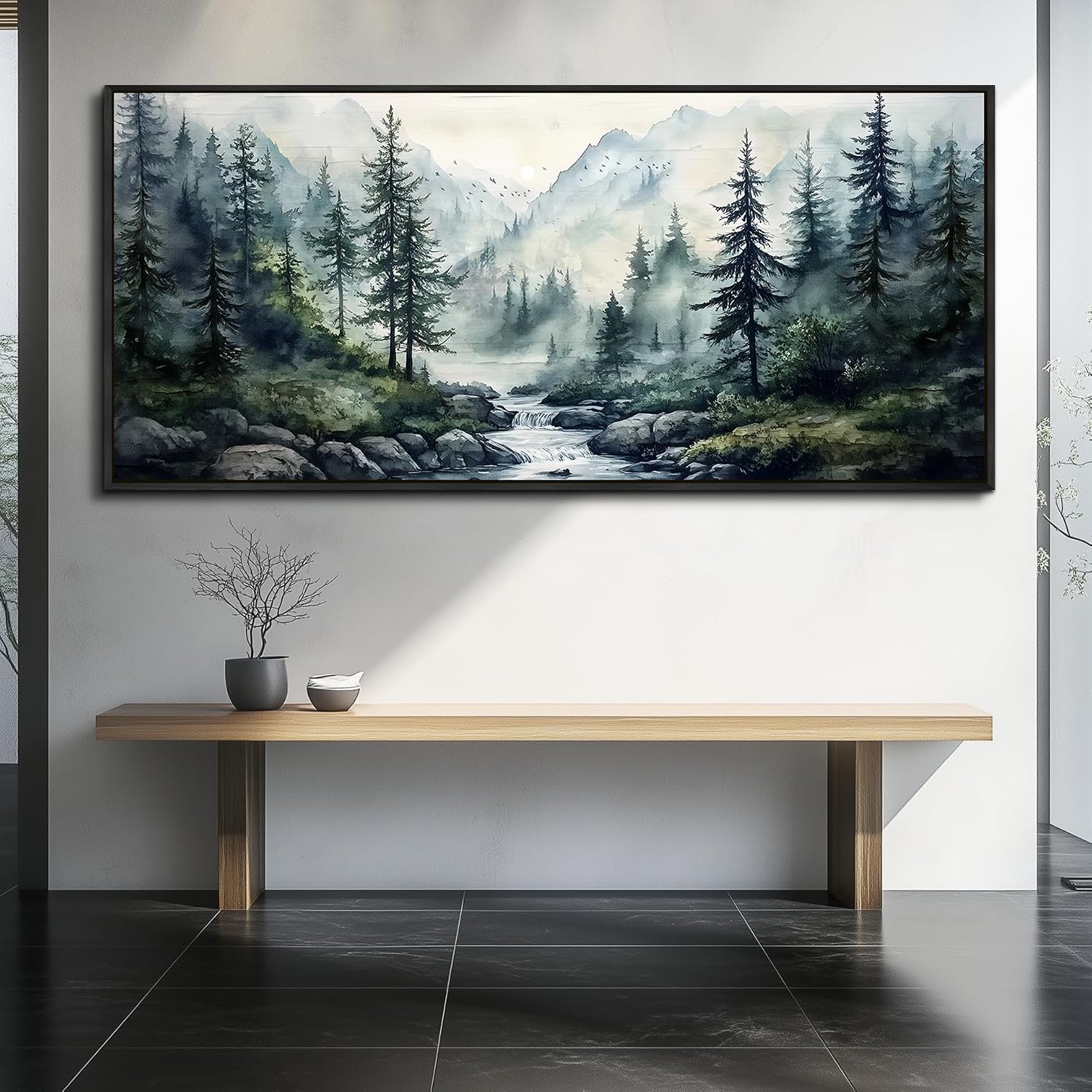 ZUITINGHUA Black Framed Canvas Wall Art For Living Room Large Wall Decor For Office Bedroom Decoration Misty Forest Picture Tree landscape Paintings Artwork Wall Mural Aesthetic Home Decor 32x72 In