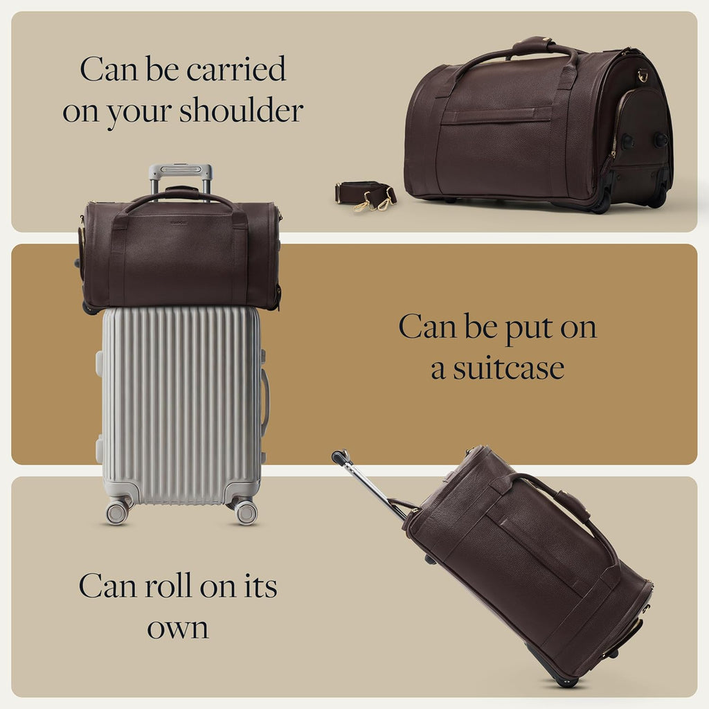 Wool & Oak - NOVA Large Duffle Bag with Wheels - Carry On Garment Duffle Bags for Travel, Overnight, Hospital, Travel Bags for Women & Men with Shoe Compartment & Tech Pocket (Leather, Chocolate)
