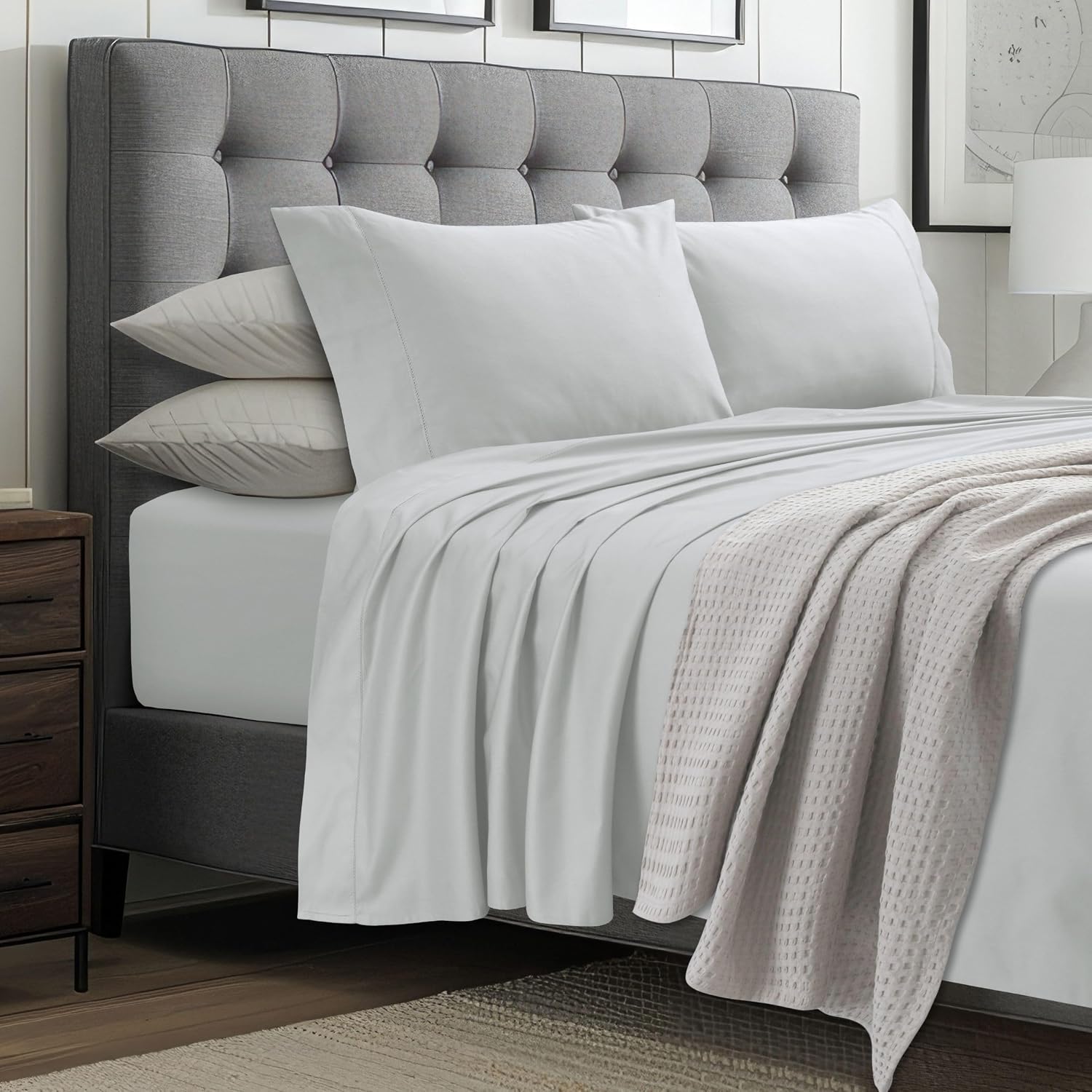 Tribeca Living 1000 Thread Count Egyptian Cotton Sheets King Size - Silky Smooth Sateen Weave for Luxurious Sleep - 22 Inch Deep Pocket 4-Piece Set in Ivory