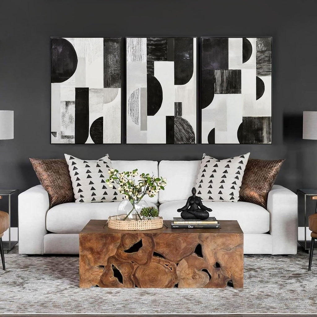 Zessonic Abstract Black White and Grey Wall Art Framed Geometry Canvas Print Modern Contemporary Edgy Blocks Artwork for Living Room, Bedroom, Office Decor - Set of 3, 24x36 Inch (Ready to Hang)