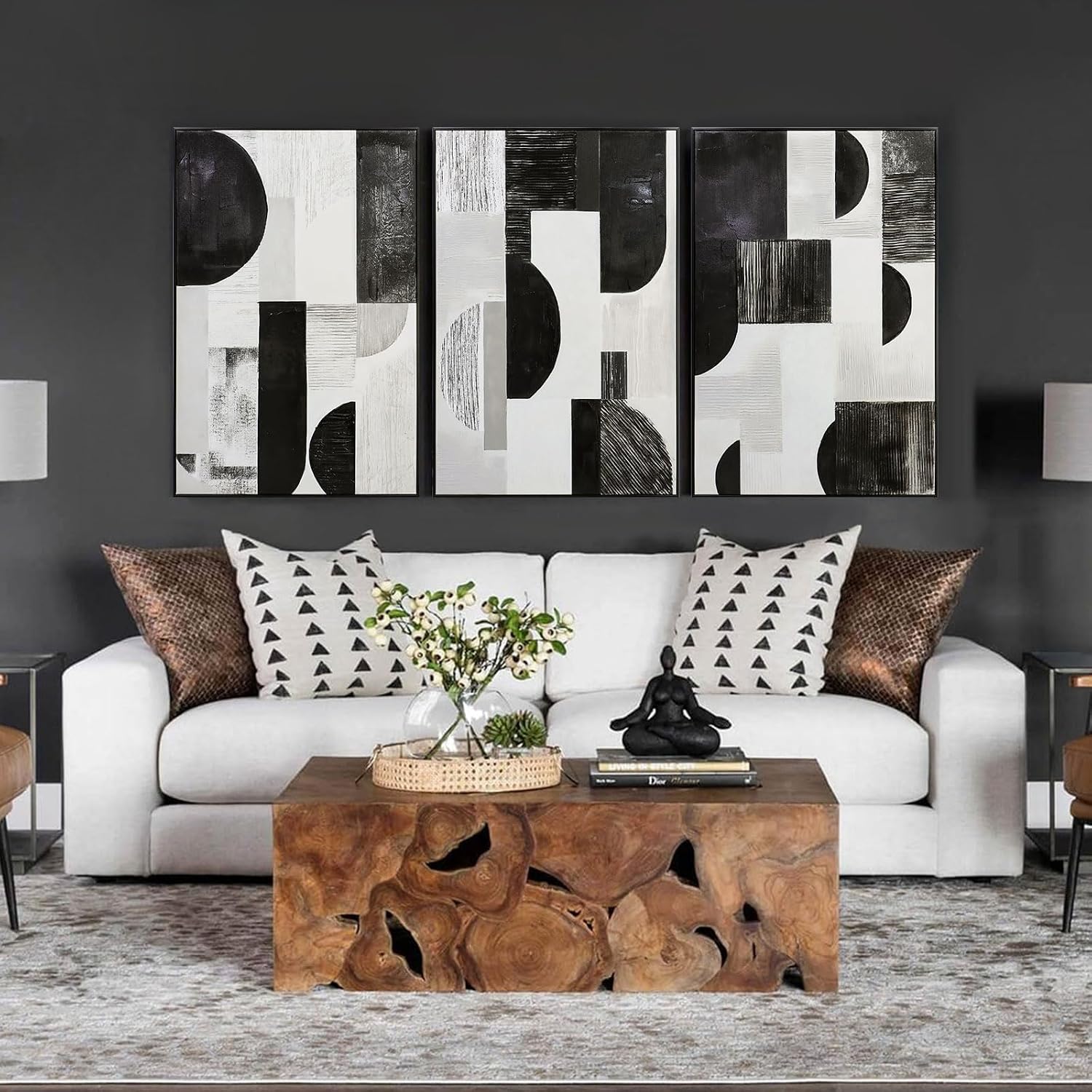 Zessonic Abstract Black White and Grey Wall Art Framed Geometry Canvas Print Modern Contemporary Edgy Blocks Artwork for Living Room, Bedroom, Office Decor - Set of 3, 24x36 Inch (Ready to Hang)