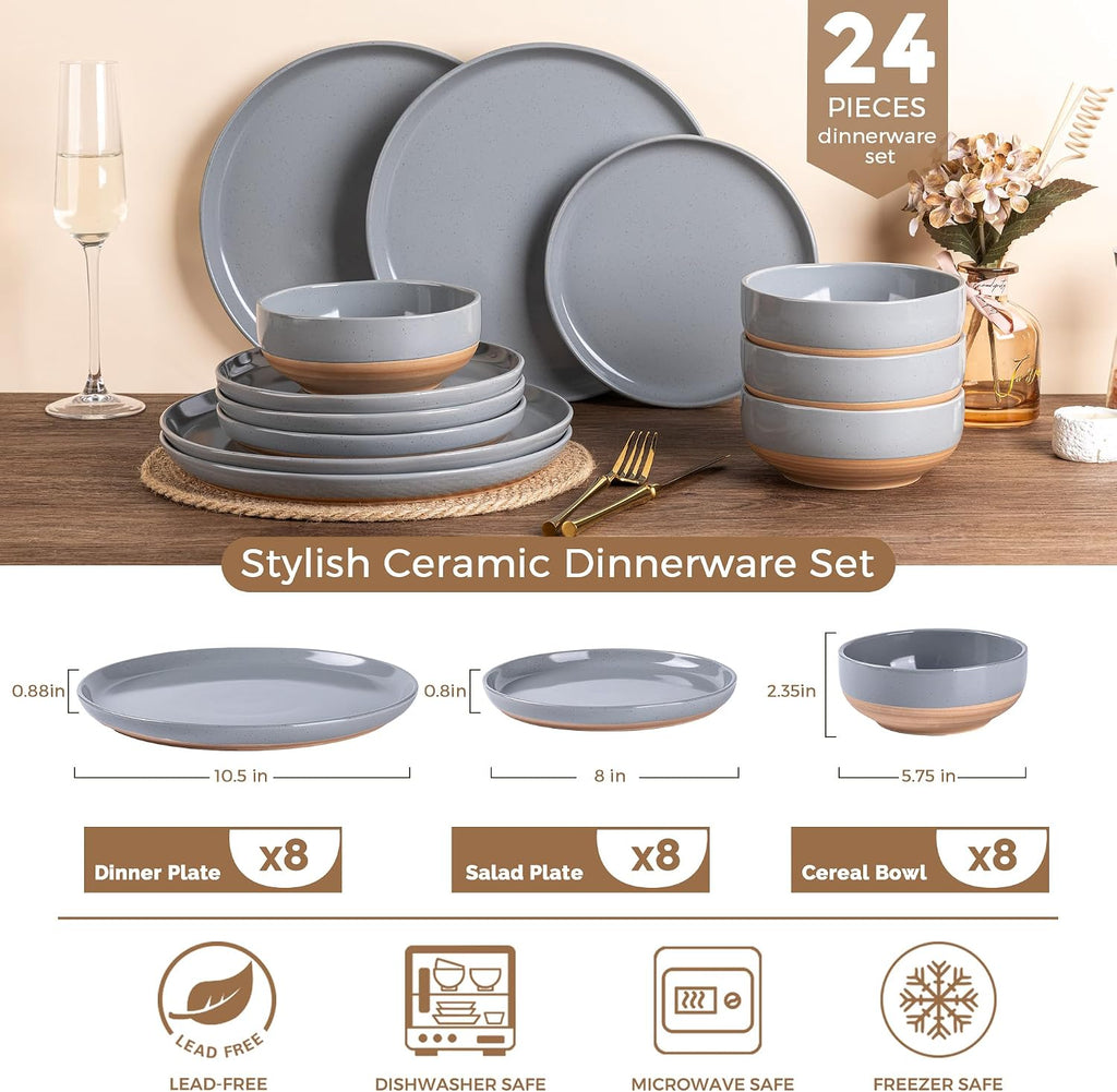 AmorArc Ceramic Dinnerware Sets for 8, 24 Pieces Handpainted Plates and Bowls Set with Rustic Terracotta Underside, Scratch Resistant Stoneware Dishes Set, Dishwasher & Microwave Safe