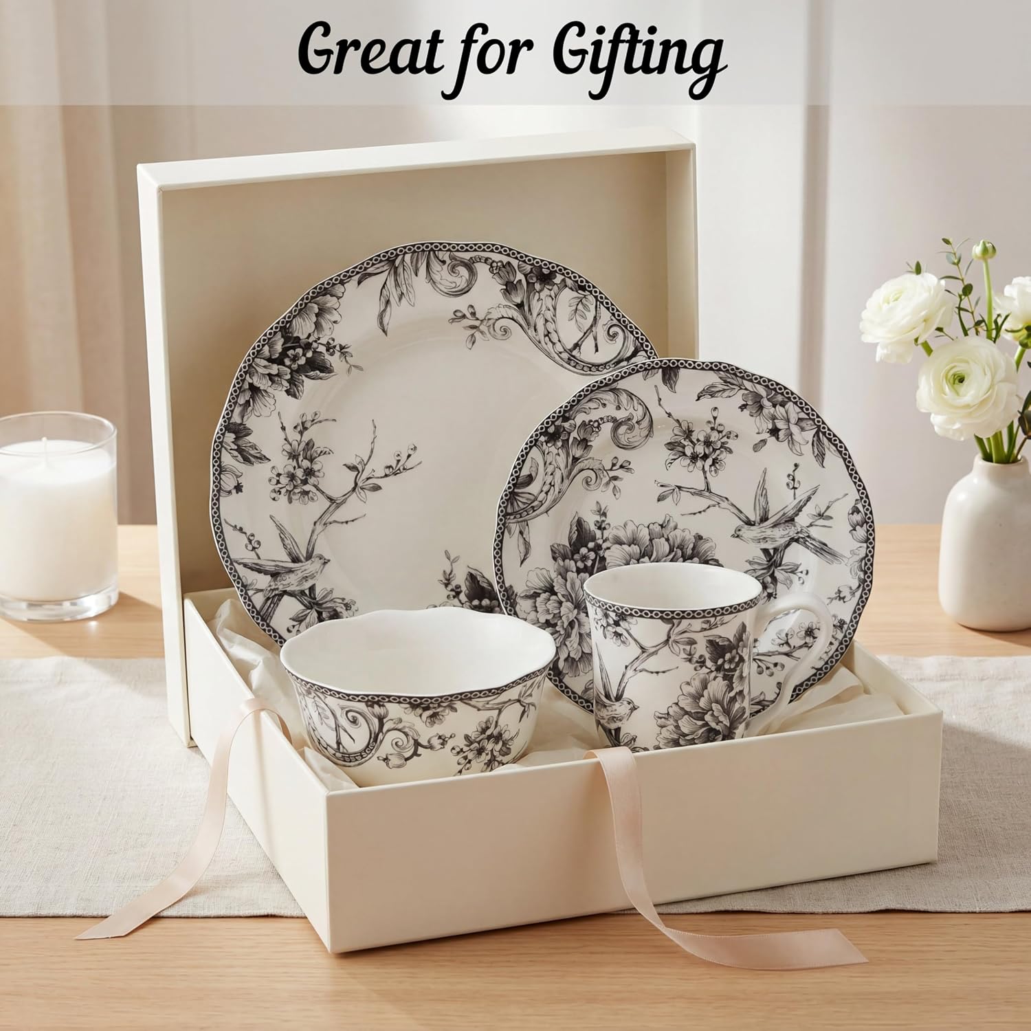 222 Fifth Adelaide 16-Piece Black Porcelain Dinnerware Set – Service for 4, Featuring Hand-Applied Romantic Woodland Bird Design, Everyday Big Dinner Plates and Bowls Sets, Microwave & Dishwasher Safe