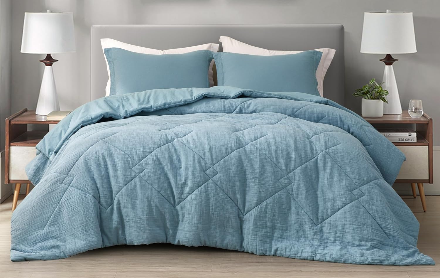 Chezmoi Collection Skye 3-Piece 100% Cotton Muslin Thin Comforter Set Oversized King, Lake Blue Reversible Soft Washed Cotton Gauze Breathable Lightweight Comforter, 130GSM Fill Summer Blanket