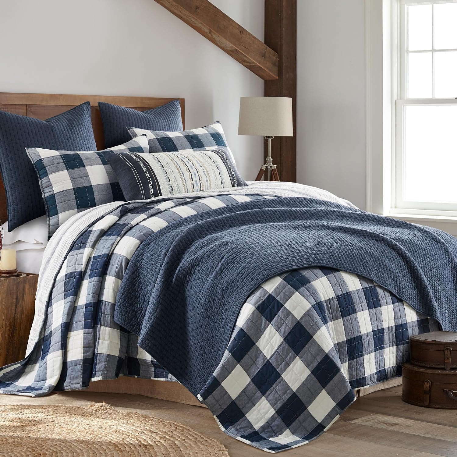 Levtex Home Cross Stitch Reversible Full/Queen Quilt Set (88x92in) with 2 Pillow Shams (26x20in) - Stitch Texture - Navy - Cotton Full/Queen Size Quilt Bedding Set - Lightweight, Soft, Pre-Washed