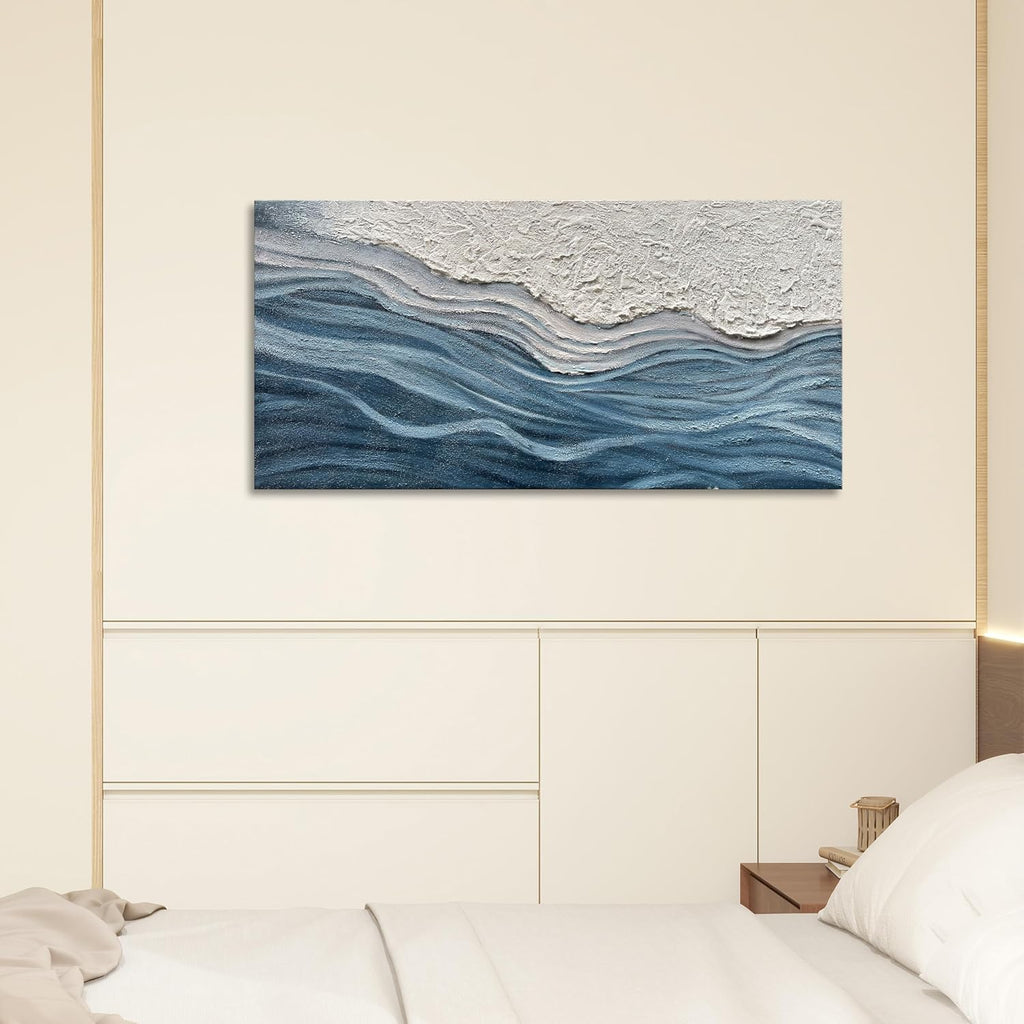 Art 24x48 inches Hand-Painted Blue and White Textured Art Oil Painting - Modern Abstract sea Wave Landscape Art - Suitable for Wall Decoration in Home Office