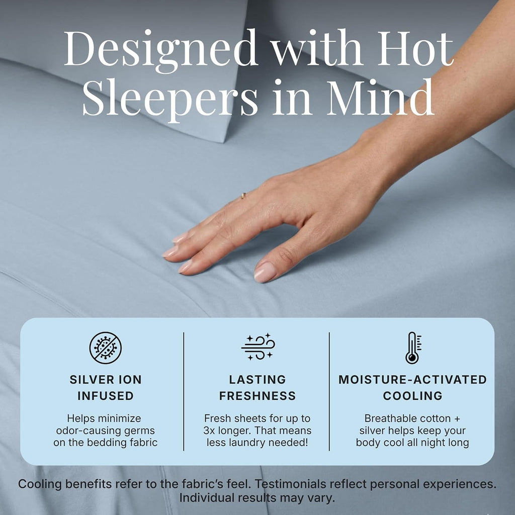 Miracle Made Breathable 100% Cotton Bed Sheet Set, 4-Piece Cooling Sheets, Silver-Infused Fabric for Freshness Between Washes, Lightweight Bedding for Hot Sleepers (Queen Size, Sky Blue)