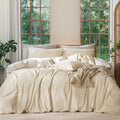 MooMee Bedding Duvet Cover Set 100% Washed Cotton Linen Like Textured Breathable Durable Soft Comfy (Heathered Almond Milk Grey, Oversized King Plus 128'x120')