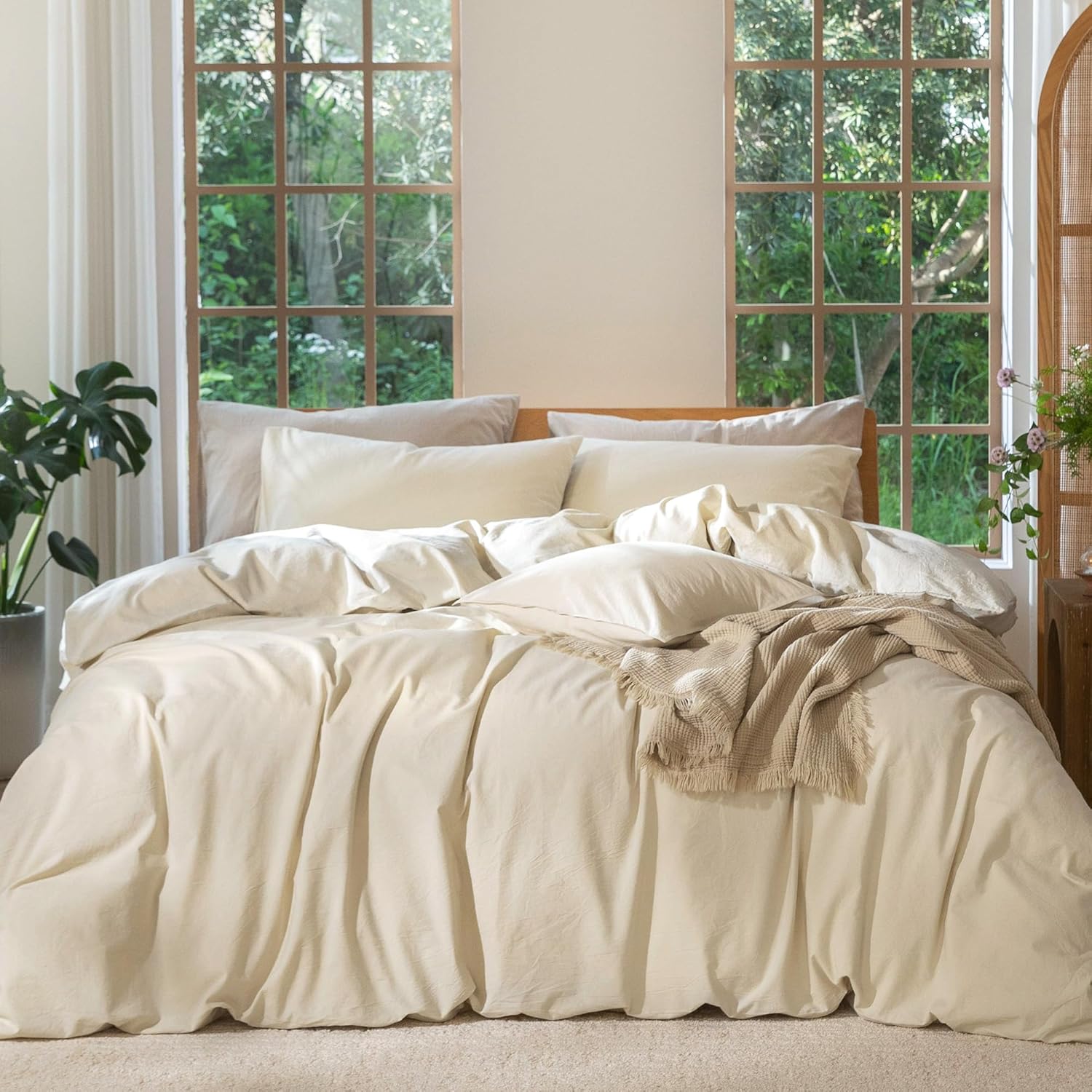 MooMee Bedding Duvet Cover Set 100% Washed Cotton Linen Like Textured Breathable Durable Soft Comfy (Heathered Almond Milk Grey, Oversized King Plus 128'x120')