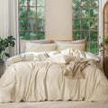 MooMee Bedding Duvet Cover Set 100% Washed Cotton Linen Like Textured Breathable Durable Soft Comfy (Heathered Almond Milk Grey, Alaska King 132'x120')