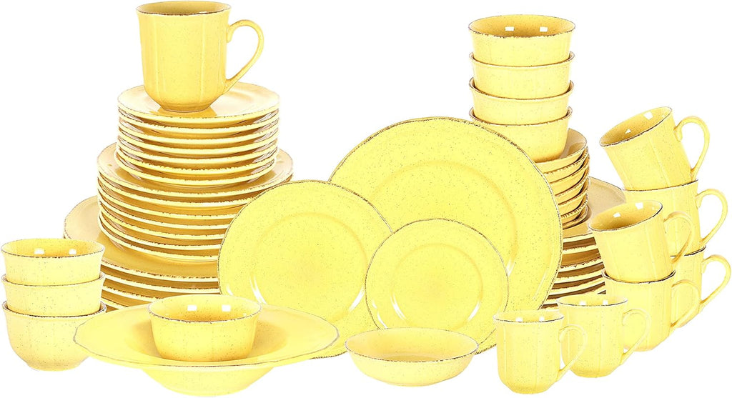 56pc Dinnerware Set, Plate and Bowl Set, Stoneware Dishes Set for 8, Microwave and Dishwahser Safe, Scratch Resistant, French Countryside Speckled Antique Yellow
