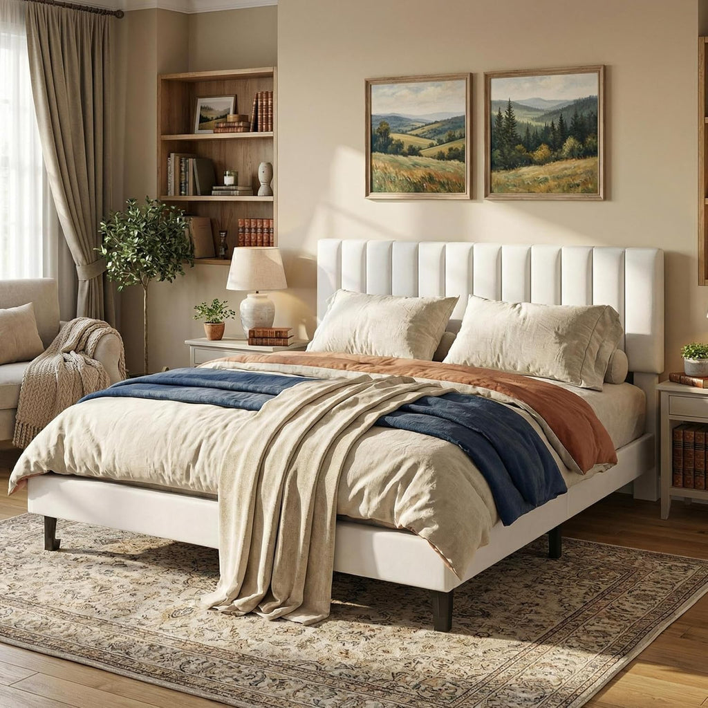 IDEALHOUSE King Size Bed Frame, Velvet Upholstered Platform Bed with Adjustable Vertical Channel Tufted Headboard, No Box Spring Needed, Easy Assembly, White