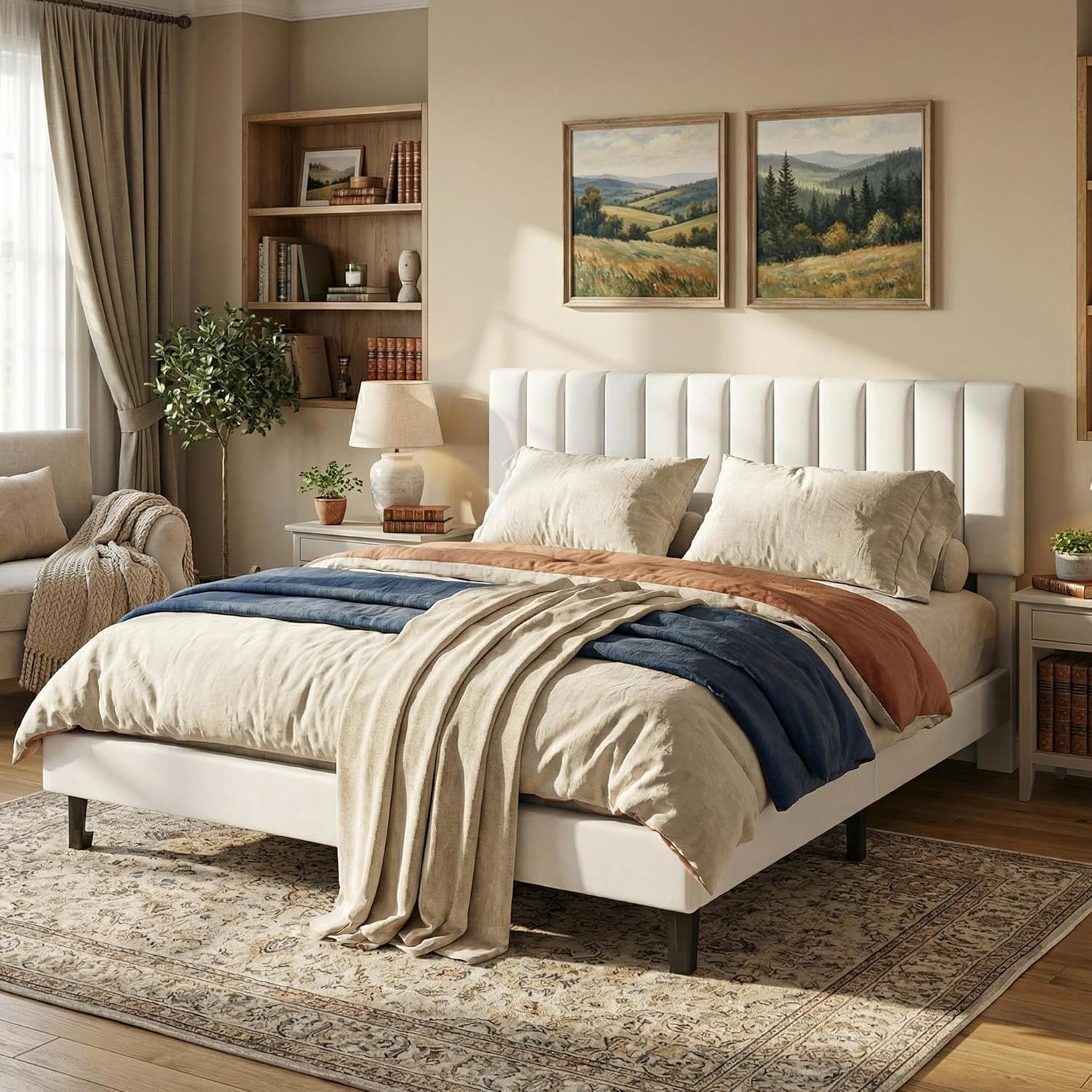 IDEALHOUSE King Size Bed Frame, Velvet Upholstered Platform Bed with Adjustable Vertical Channel Tufted Headboard, No Box Spring Needed, Easy Assembly, White
