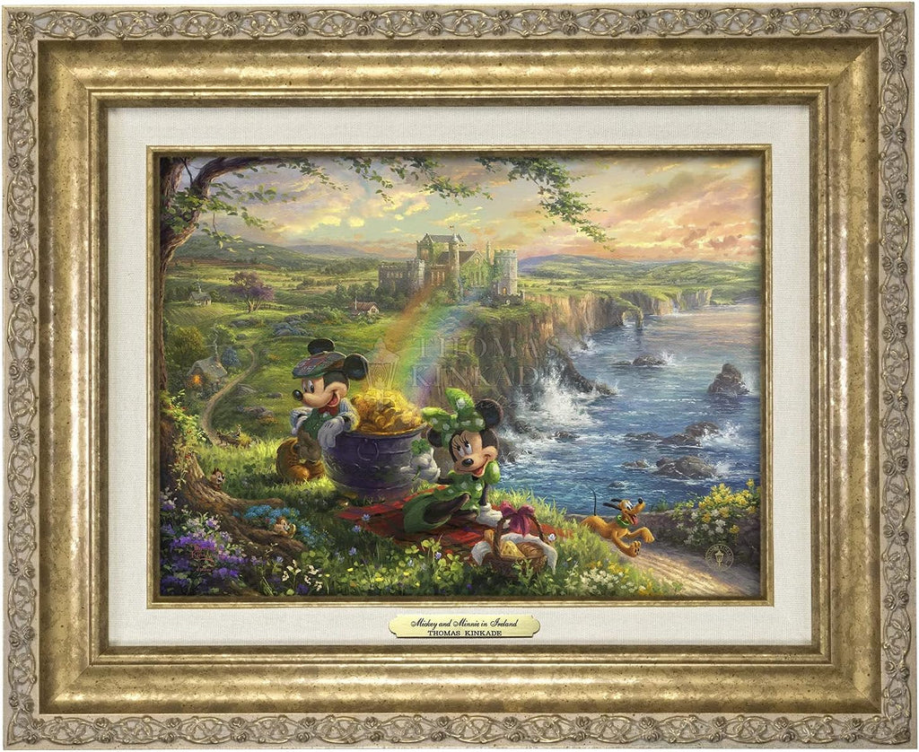 Thomas Kinkade Mickey and Minnie in Ireland - 14.5' x 17.5' Canvas Classics with Gold Frame