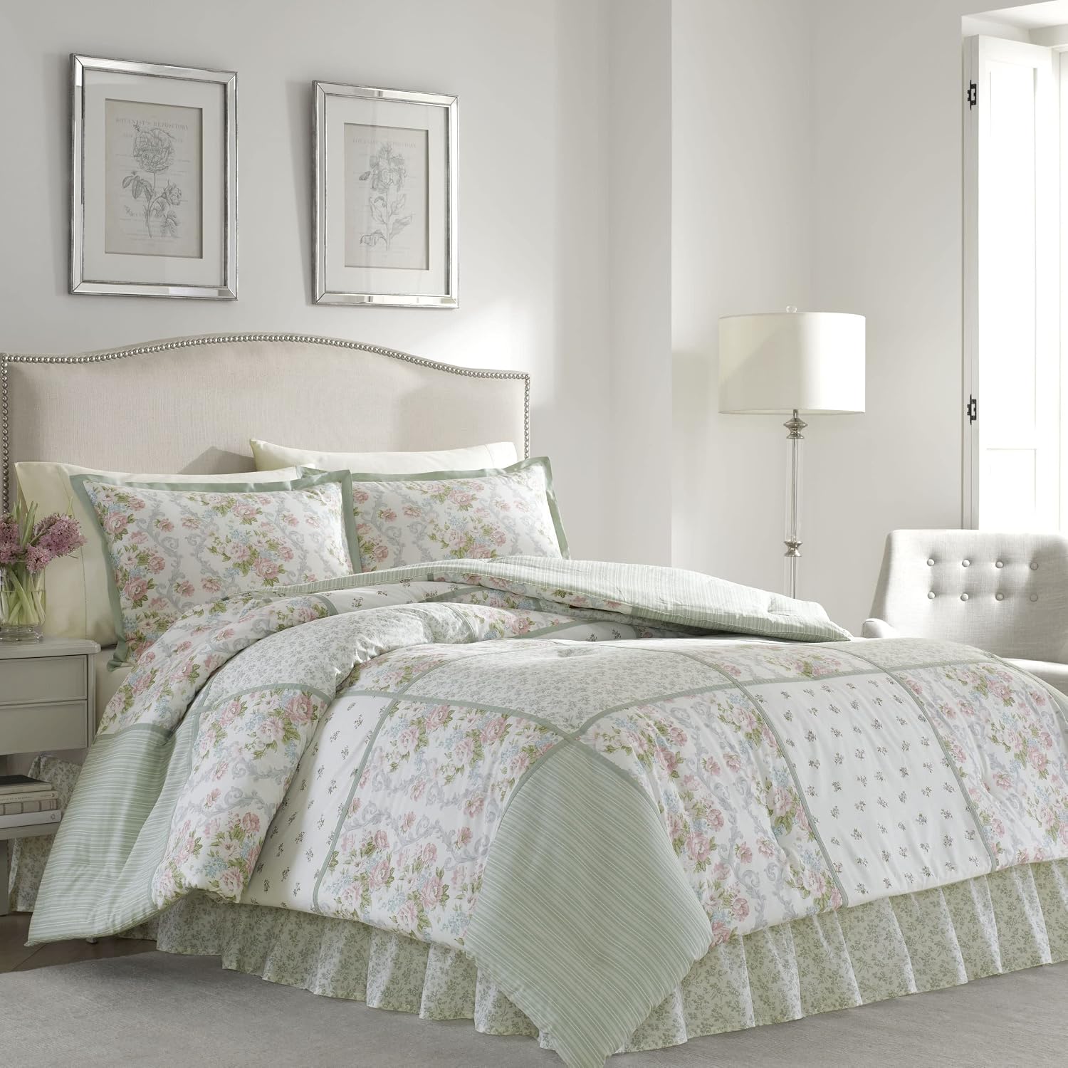 Laura Ashley - King Comforter Set, Reversible Cotton Bedding with Matching Shams & Bedskirt, Stylish Home Decor for All Seasons (Harper Sage, King)