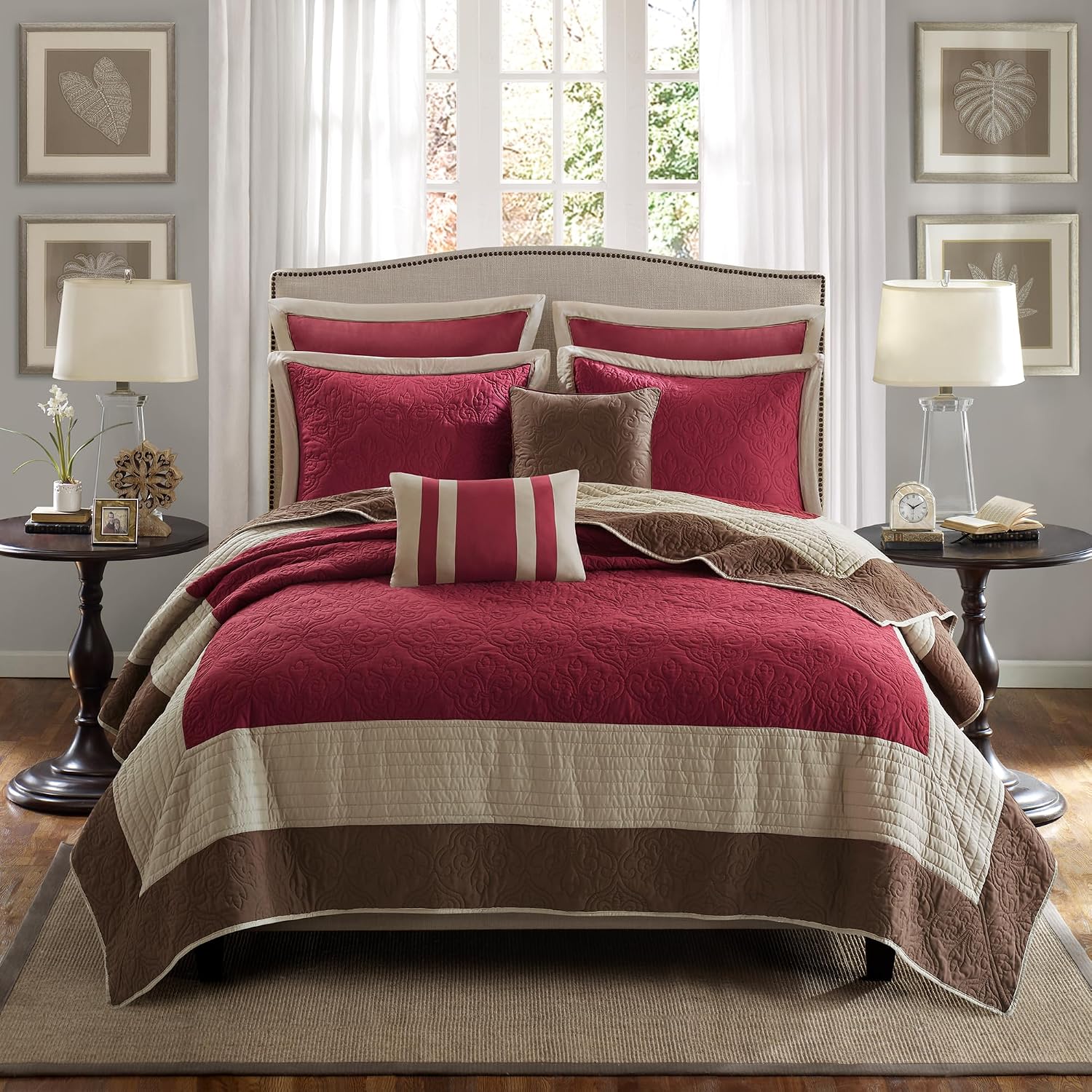 Madison Park Attingham Reversible Quilt Set - All Season Breathable Coverlet, Lightweight Cozy Bedding Layers, Matching Shams, King/Cal King (104'x94'), Red 7 Piece