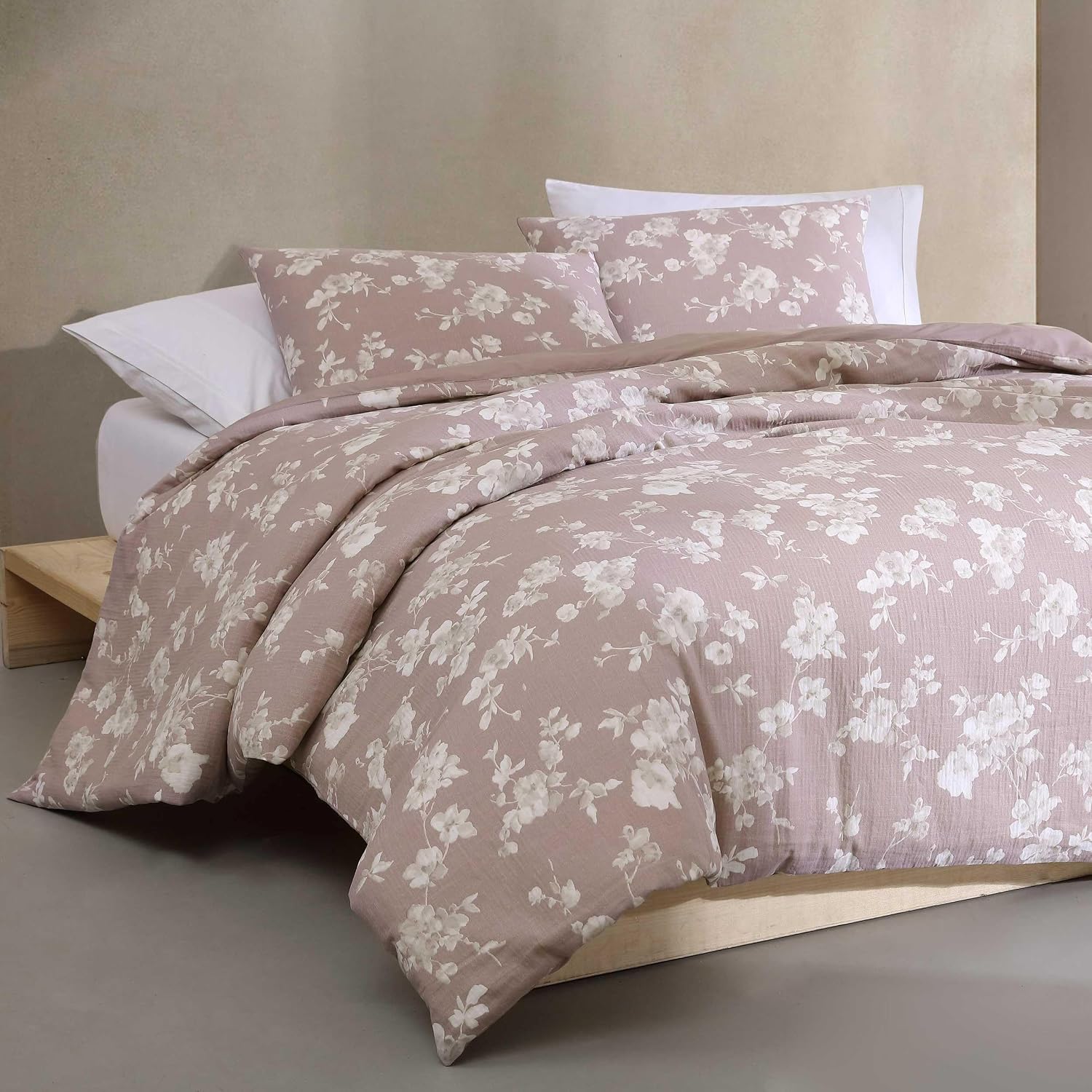 Calvin Klein - Queen Duvet Cover Set, 100% Soft Cotton Gauze Bedding, Button Closure & Inner Corner Ties, 3 Piece Bed Set with Matching Pillowcases (Eternity Floral Pink)