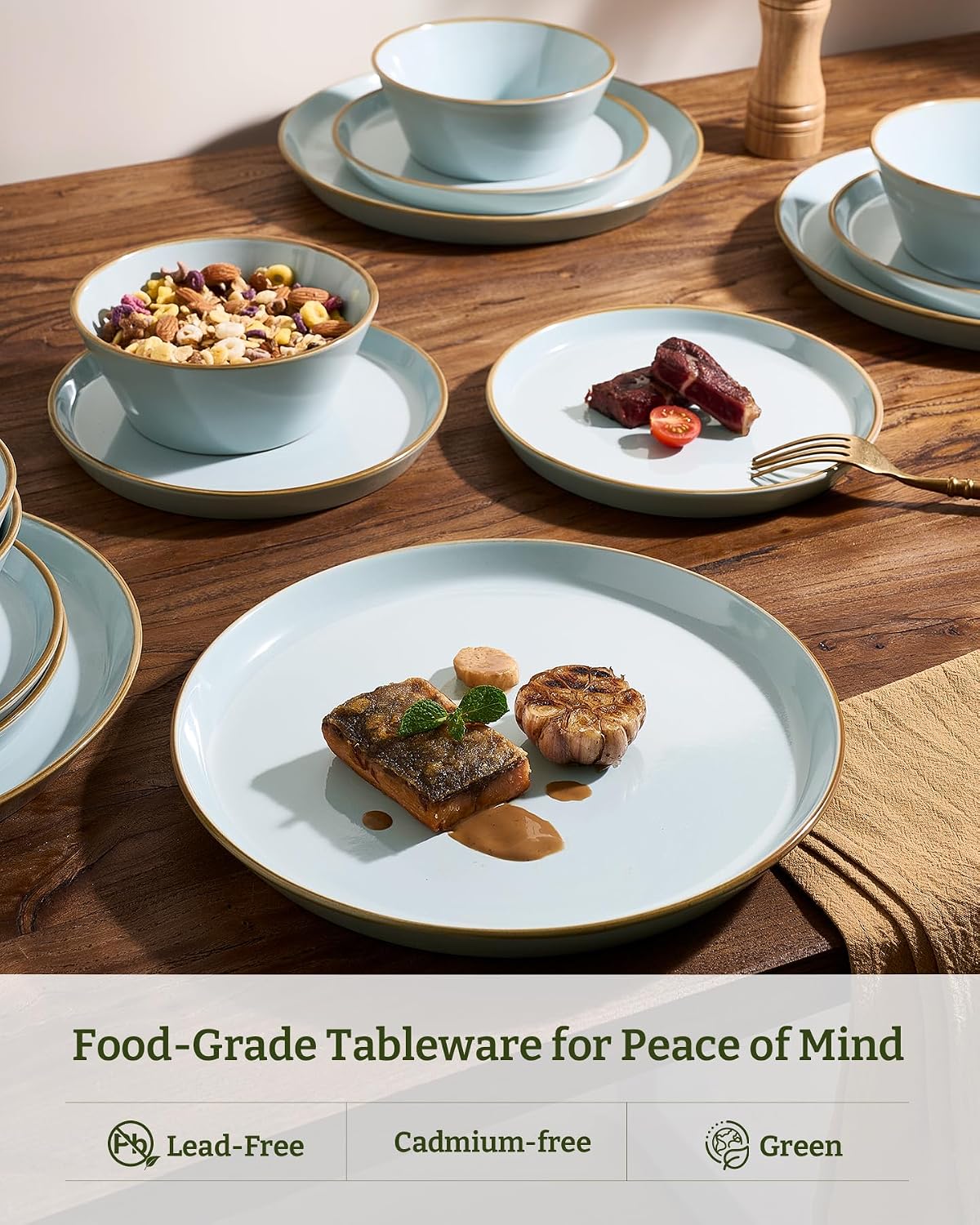 Famiware Saturn Plates and Bowls Dish Sets for 6 (18 Pieces), Stoneware Dinnerware Set with Hand-Painted Trim - Chip & Scratch Resistant, Microwave & Dishwasher Safe Ceramic Dishes, Light Blue