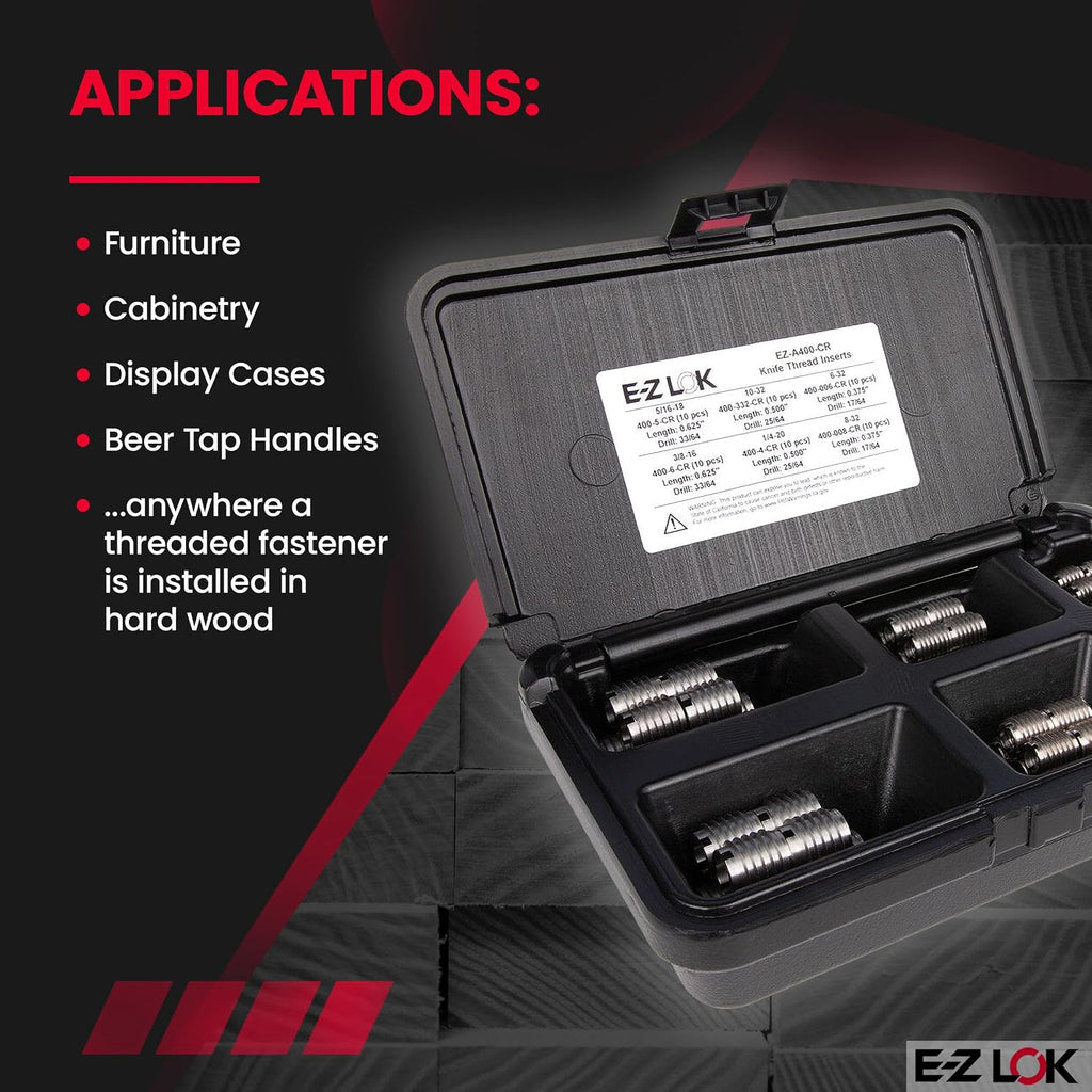 E-Z LOK Knife Threaded Insert for Hard Wood Assortment Kit with Drill and Drive Tool, Stainless Steel Thread Inserts 6-32 to 3/8-16, 60 Pieces