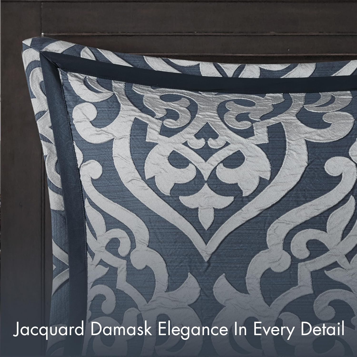 Madison Park Odette Cozy Comforter Set Jacquard Damask Medallion Design - Modern All Season, Down Alternative Bedding, Shams, Decorative Pillows, Queen(90 in x 90 in),Navy 8 Piece