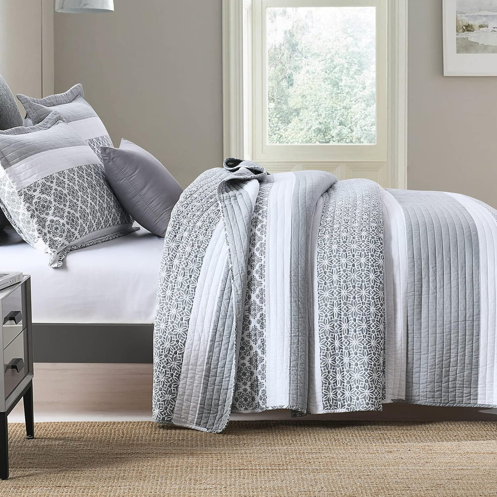 King Size Quilt Set - King Quilted Bedspread Sets, 100% Cotton Quilt, King Bed Spread Bedding Set, 3 Pieces Floral Striped Reversible Lightweight Comforter, Bluish Grey
