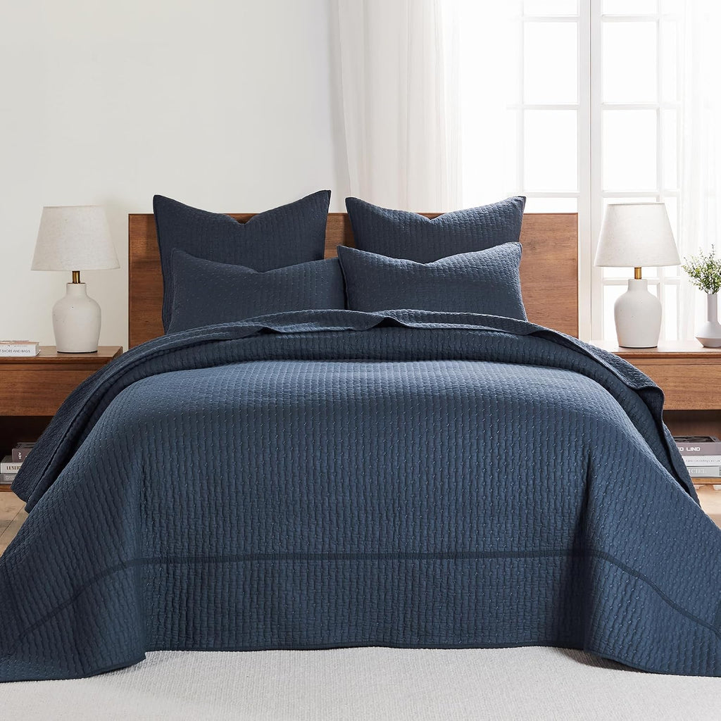 Levtex Home Cross Stitch Reversible Full Bedspread Set (100x104in) with 2 Pillow Shams (26x20in) - Stitch Texture - Navy - 100% Cotton Full Size Bedspread Set - Lightweight, Soft, Pre-Washed