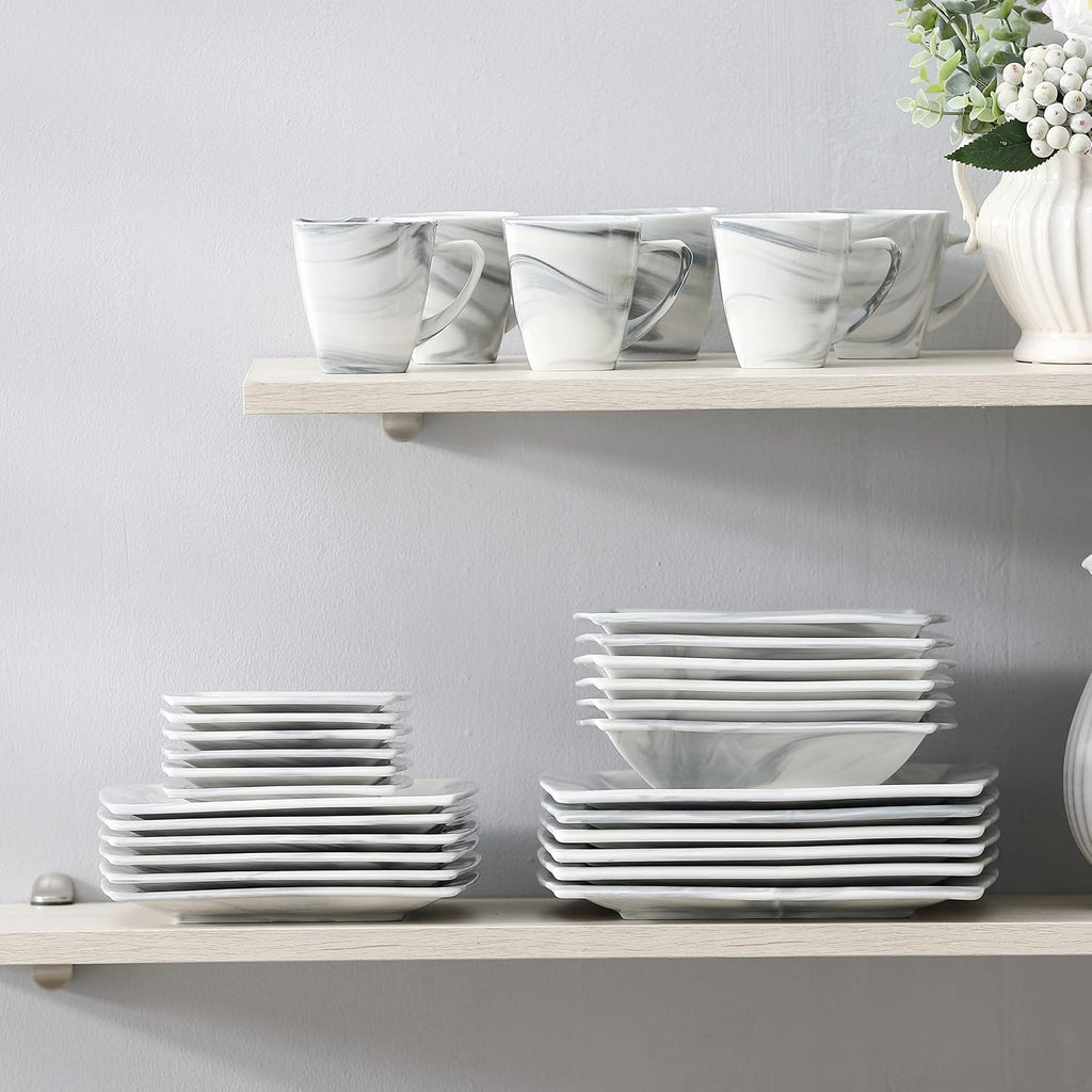 MALACASA Dinnerware Sets, 30 Piece Porcelain Plates and Bowls Sets for 6, Square Dish Set with Dinner Plates Set, Cup and Saucer, Modern Dishware Dishes Microwave Safe, Marble Grey, Series Blance