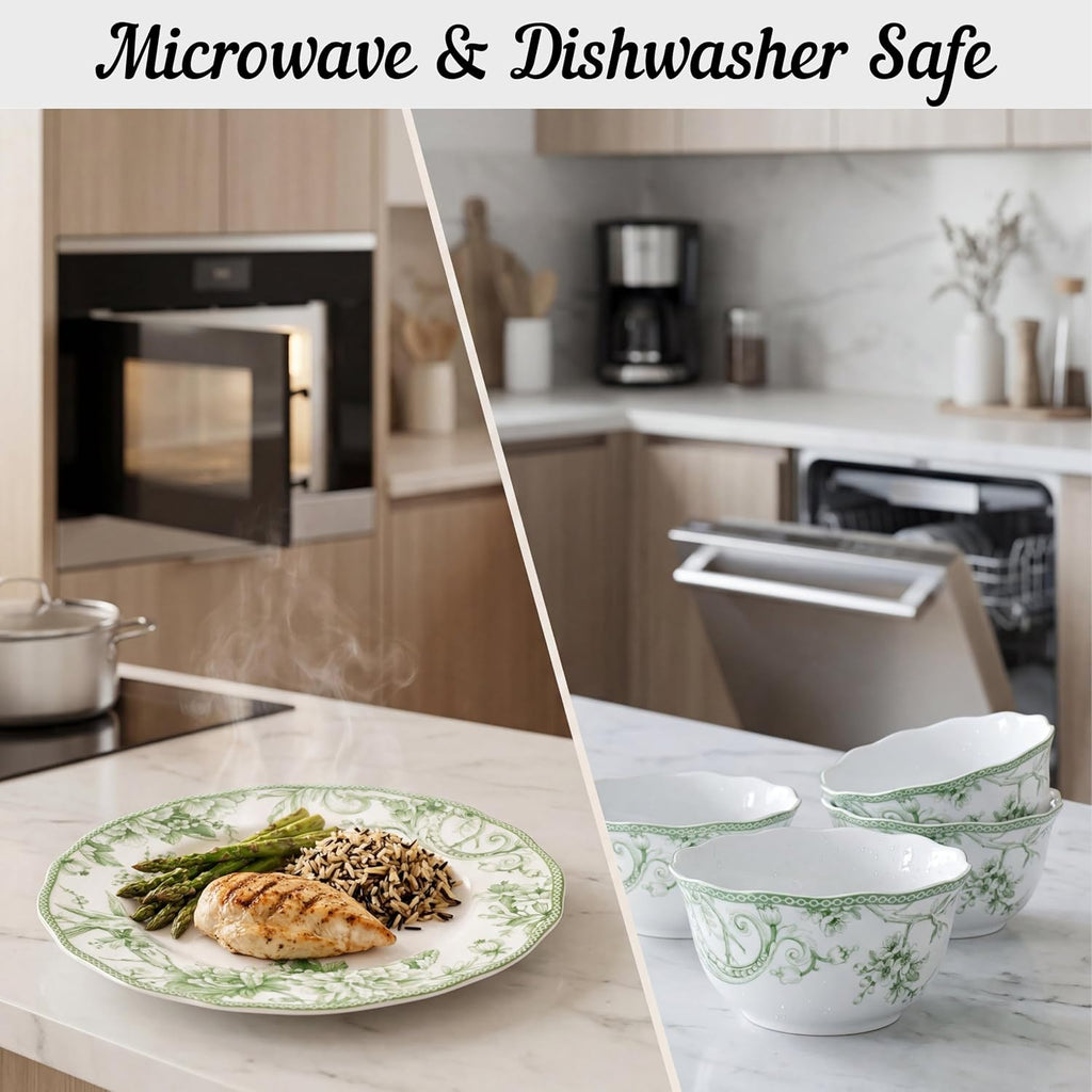 222 Fifth Adelaide Moss 16-Piece Porcelain Dinnerware Set – Service for 4, Big Dinner Plates and Bowls Sets with Mugs, Hand-Applied Decal, Microwave & Dishwasher Safe, for Everyday Entertainment