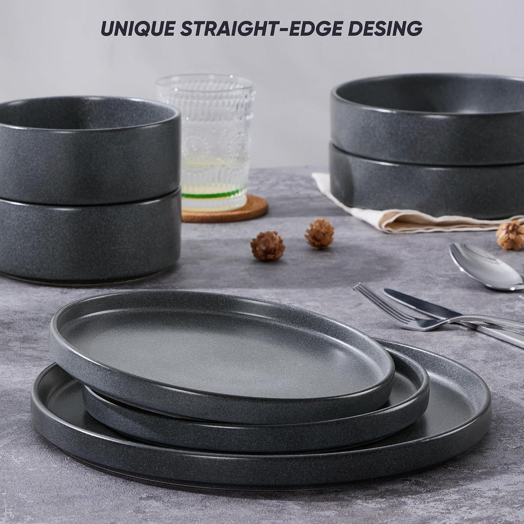 E-far Dinnerware Sets with Pasta Bowls, 24-Piece Stoneware Plates and Bowls Sets for 6 | Microwave & Dishwasher Safe Kitchen Modern Dish Set, Deep Gray
