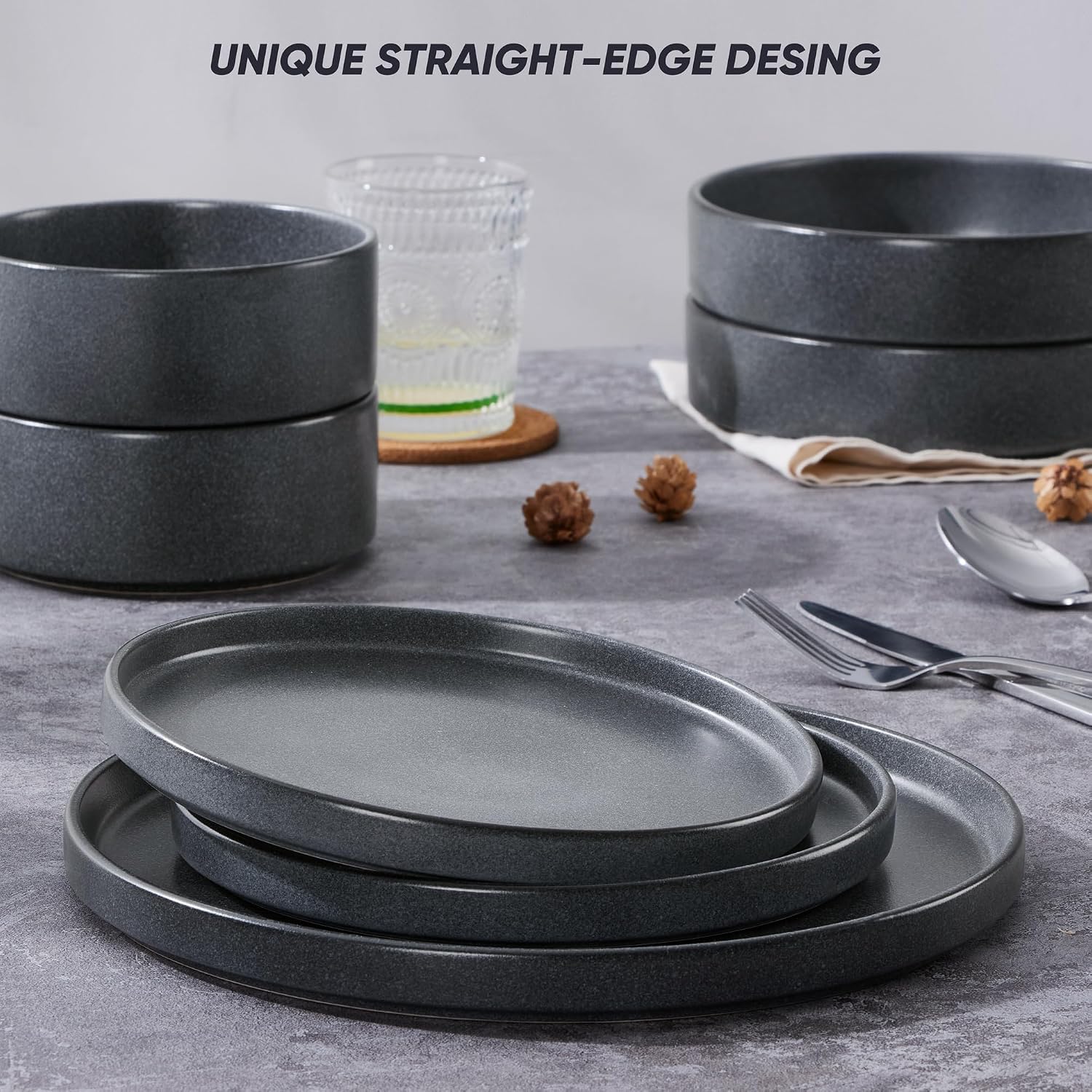 E-far Dinnerware Sets with Pasta Bowls, 24-Piece Stoneware Plates and Bowls Sets for 6 | Microwave & Dishwasher Safe Kitchen Modern Dish Set, Deep Gray