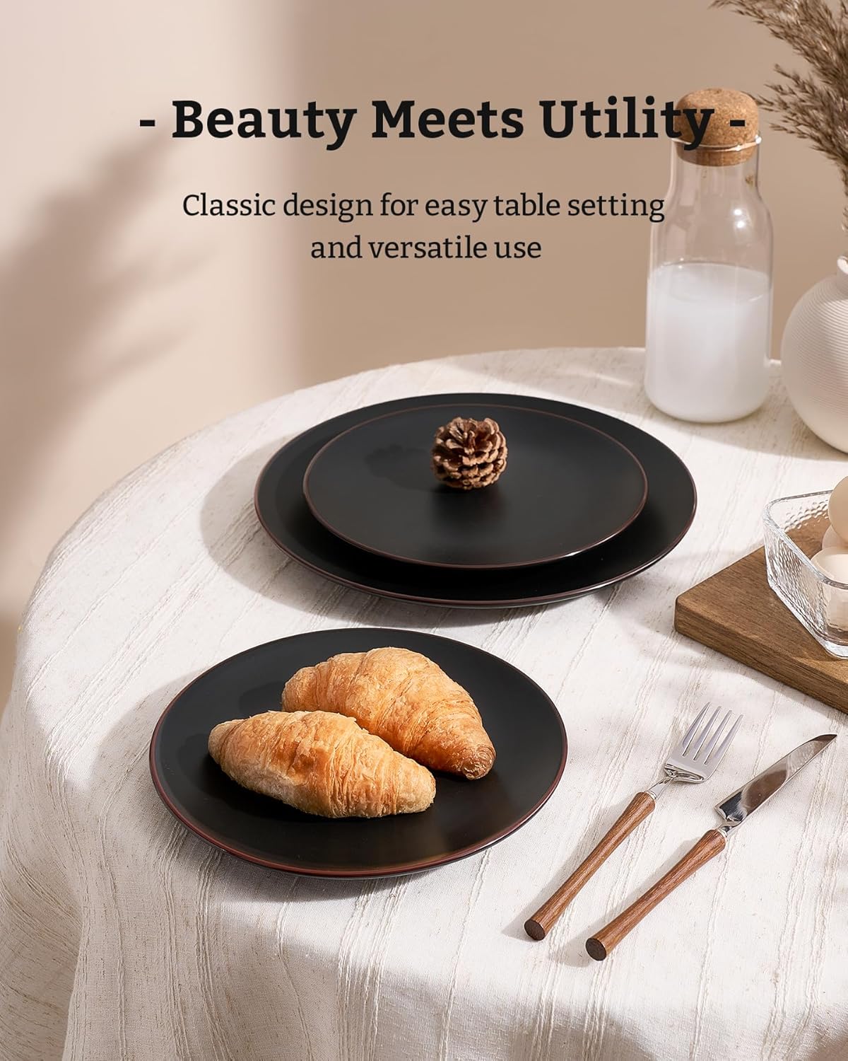 Famiware Venus Plates and Bowls Sets with Trim, 24 Pieces Stoneware Dinnerware Set for 8, Matte Black - Microwave/Dishwasher Safe, Modern Minimalist, Chip‑Resistant Dishes for Everyday & Formal Dining