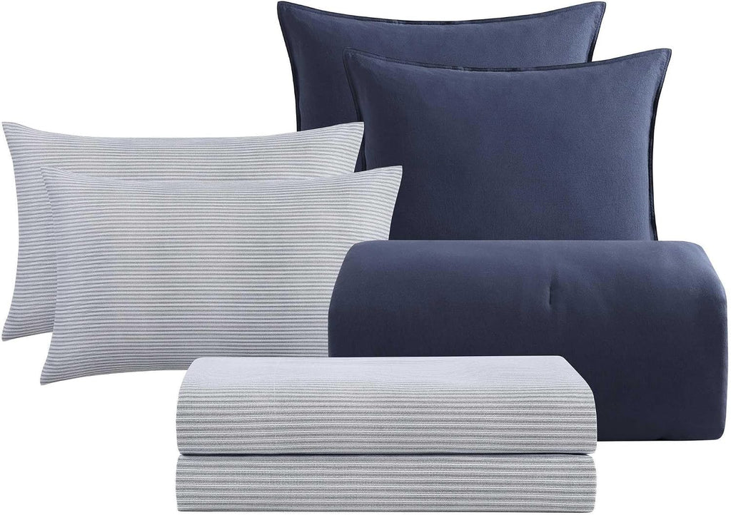 Tommy Hilfiger - Queen Bedding Set, Soft 7 Piece Comforter Set w/Matching Bed Sheets & Pillowcases, Medium Weight for Year Round Comfort (Solid Microfiber Blue)
