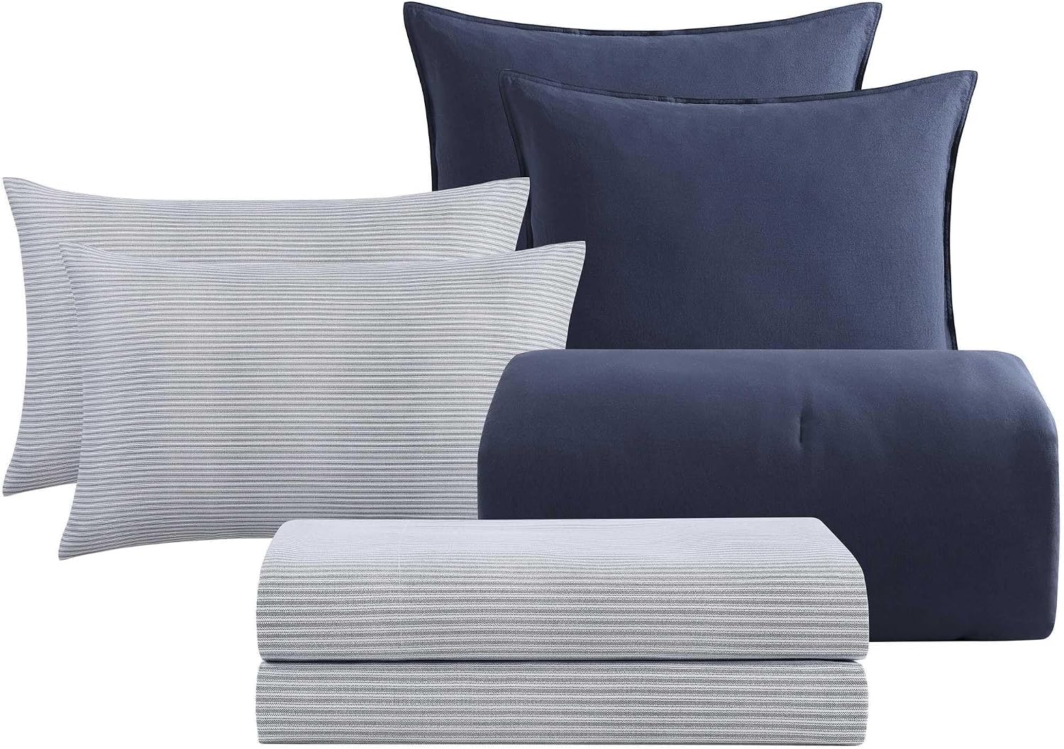 Tommy Hilfiger - Queen Bedding Set, Soft 7 Piece Comforter Set w/Matching Bed Sheets & Pillowcases, Medium Weight for Year Round Comfort (Solid Microfiber Blue)