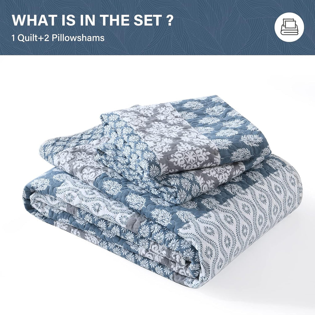 SahSahCasa Quilt King Size, King Quilt Set, 100% Cotton Floral Quilt, King Quilt Bedding Set Bedspreads, Patchwork Reversible Lightweight Comforter Bed Spread for All Season, Blue/Gray, 3 Pieces