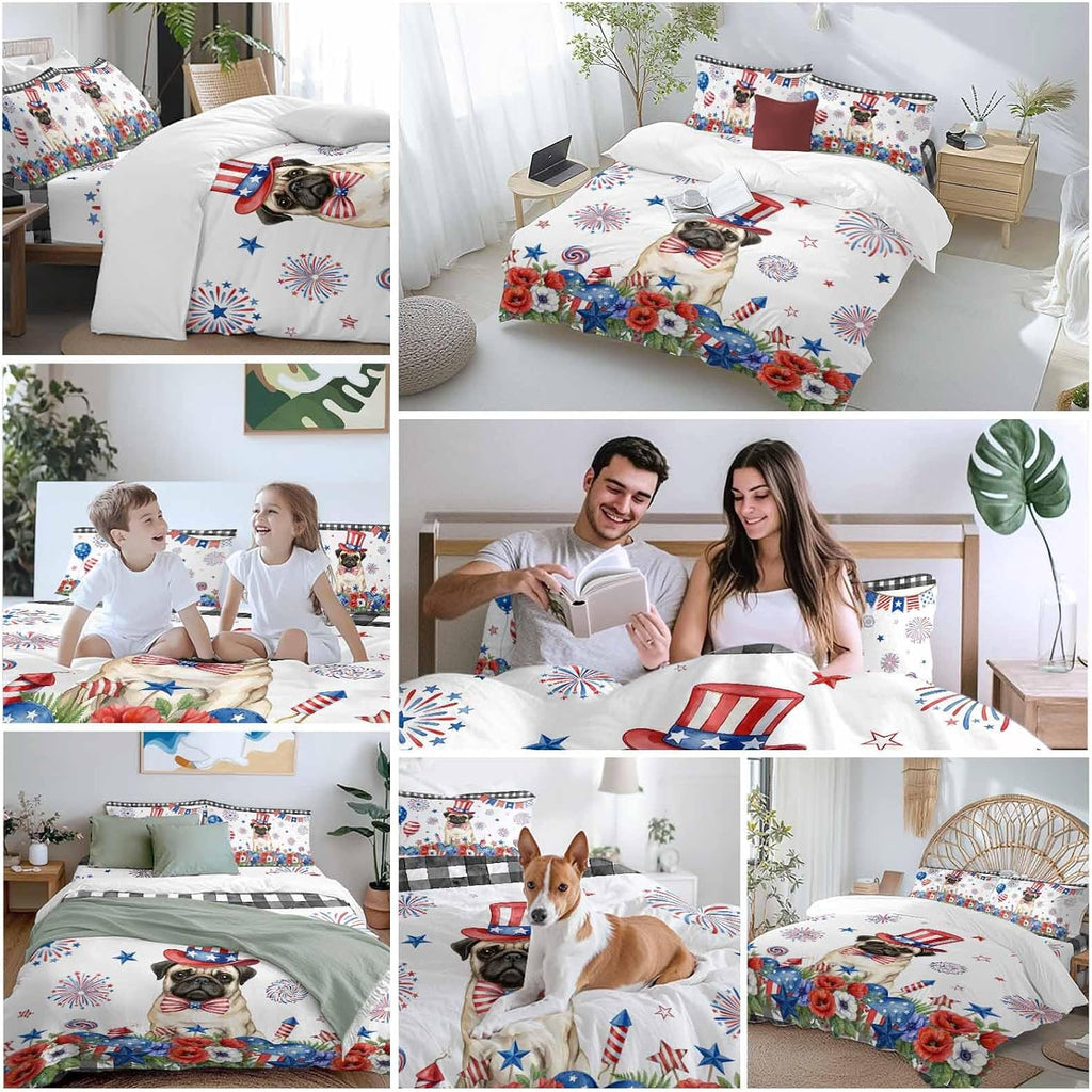 Independence Day Duvet Cover Set Queen Size 4 Pieces Cartoon Pug Dog Cute Puppy Red Blue Flower Bedding Set with Zipper Closure, 1 Comforter Cover 86x86 Inches 1 Flat Sheet & 2 Pillow Cases