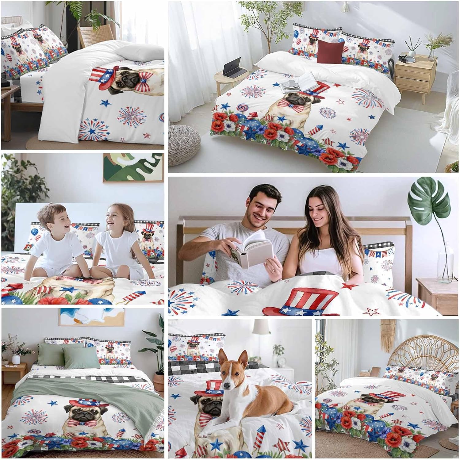 Independence Day Duvet Cover Set Queen Size 4 Pieces Cartoon Pug Dog Cute Puppy Red Blue Flower Bedding Set with Zipper Closure, 1 Comforter Cover 90x92 Inches 1 Flat Sheet & 2 Pillow Cases