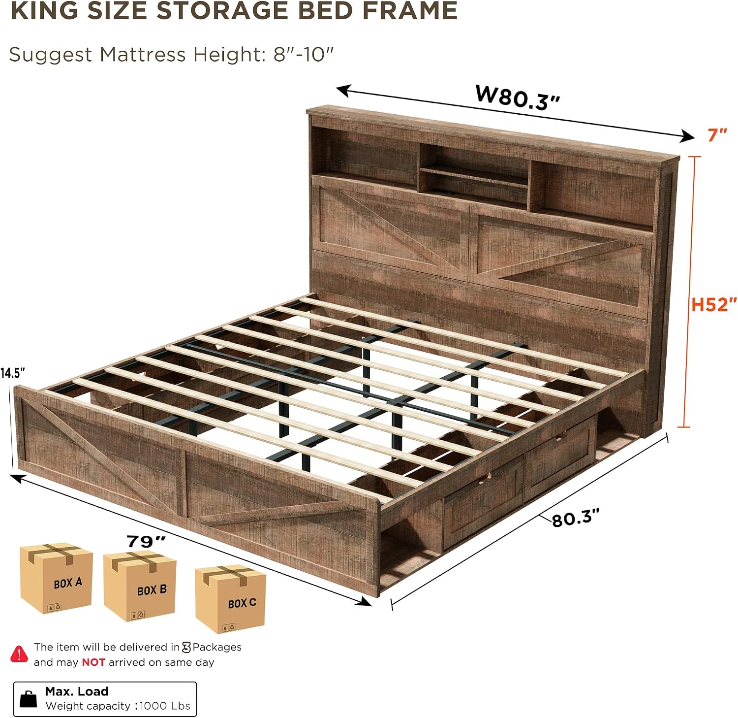 ACCOHOHO King Size Bed Frame with 52' High Storage Headboard and 4 Drawers,Wood Bed Frame with LED Light and Charging Station,Warm Brown