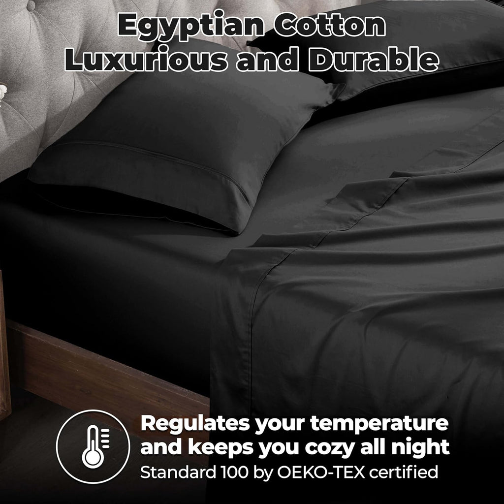 Superior Egyptian Cotton 400 Thread Count Bed Sheet Set, 1 Elastic Deep Pocket Fitted Sheet, 1 Flat Sheet, 2 Pillowcases, Soft Bedding, Luxury Sheets, Sateen Weave, California King Size, Black