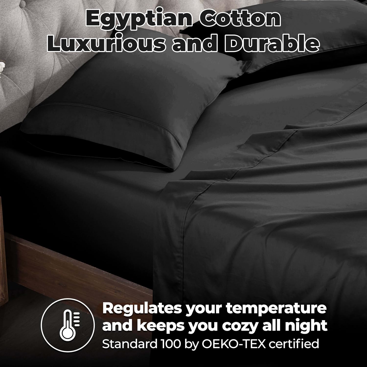 Superior Egyptian Cotton 400 Thread Count Bed Sheet Set, 1 Elastic Deep Pocket Fitted Sheet, 1 Flat Sheet, 2 Pillowcases, Soft Bedding, Luxury Sheets, Sateen Weave, California King Size, Black