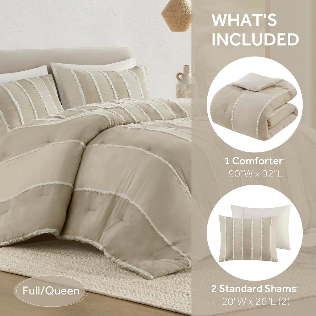 Ink+Ivy Queen Comforter Set Boho Comforters Stripes, Clipped Jacquard, Cotton Comforter for Queen Size Bed, All Season Poly Fill Lightweight Queen Bedding & Shams, Shay, Full/Queen, Taupe 3 Piece