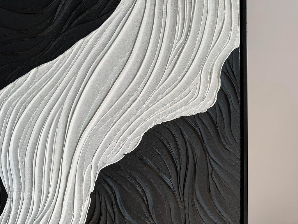 Boiee Art,24x36Inch Handmade Abstract Ocean Wave Art on Canvas Minimalist Black White Oil Painting Vertical Modern Black Framed Artwork