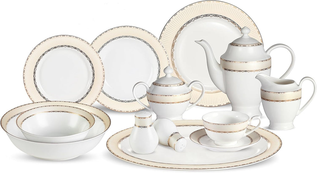Lorenzo 57 Piece Elegant Bone China Service for 8 Margaret Dinnerware Sets, Gold